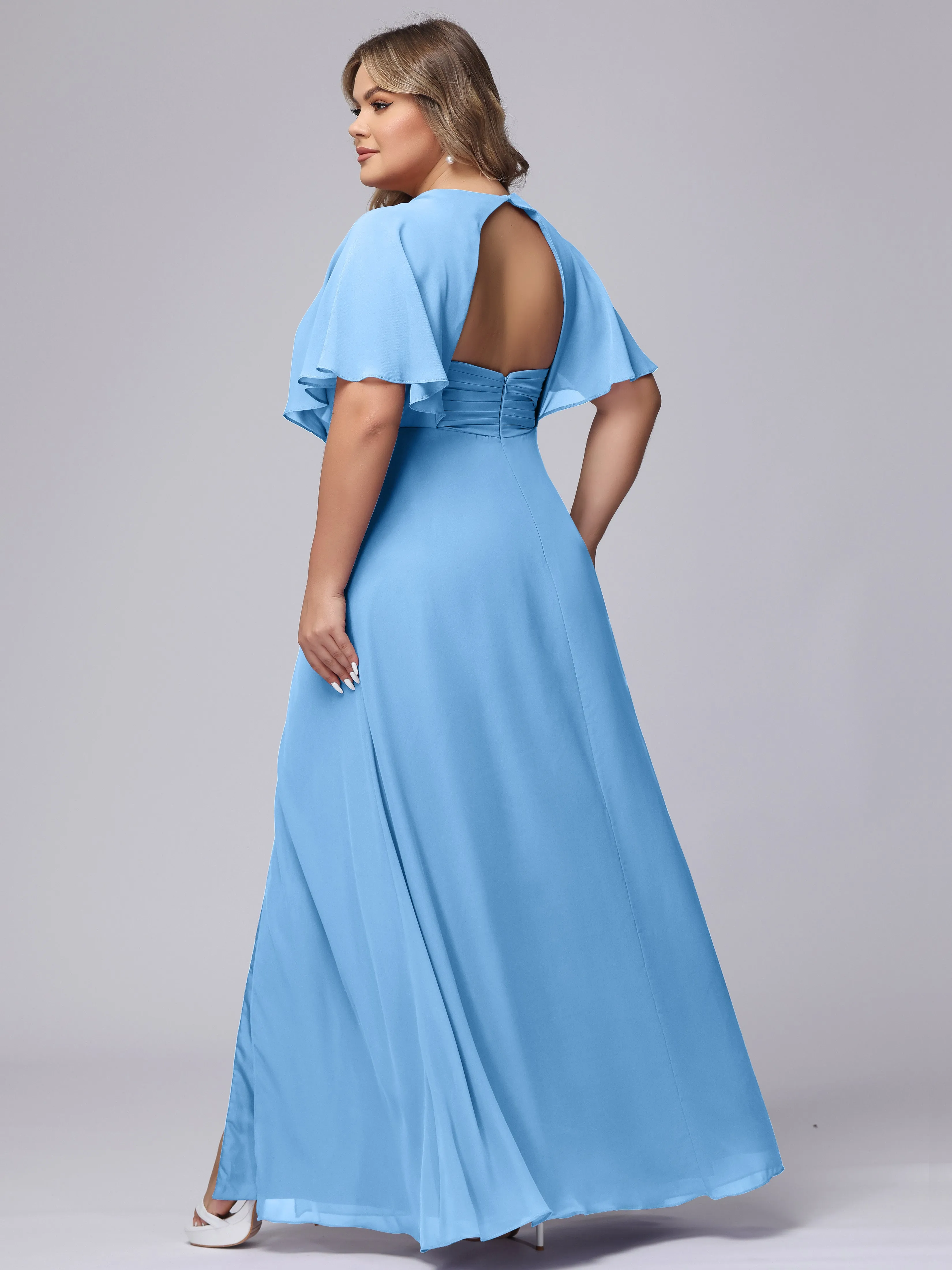 V-Neck Chiffon Short Sleeves Plus Size  Bridesmaid Dresses