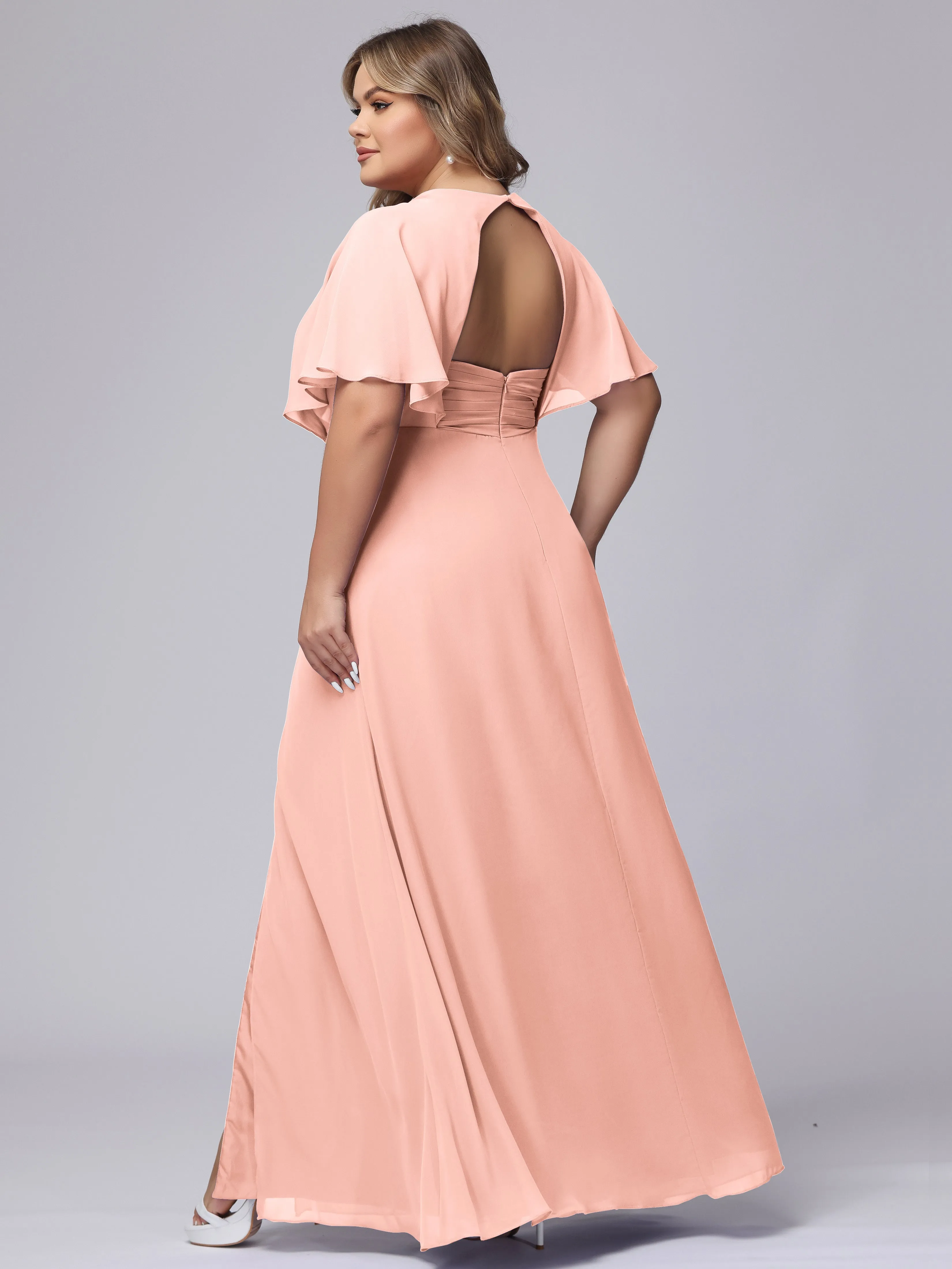 V-Neck Chiffon Short Sleeves Plus Size  Bridesmaid Dresses