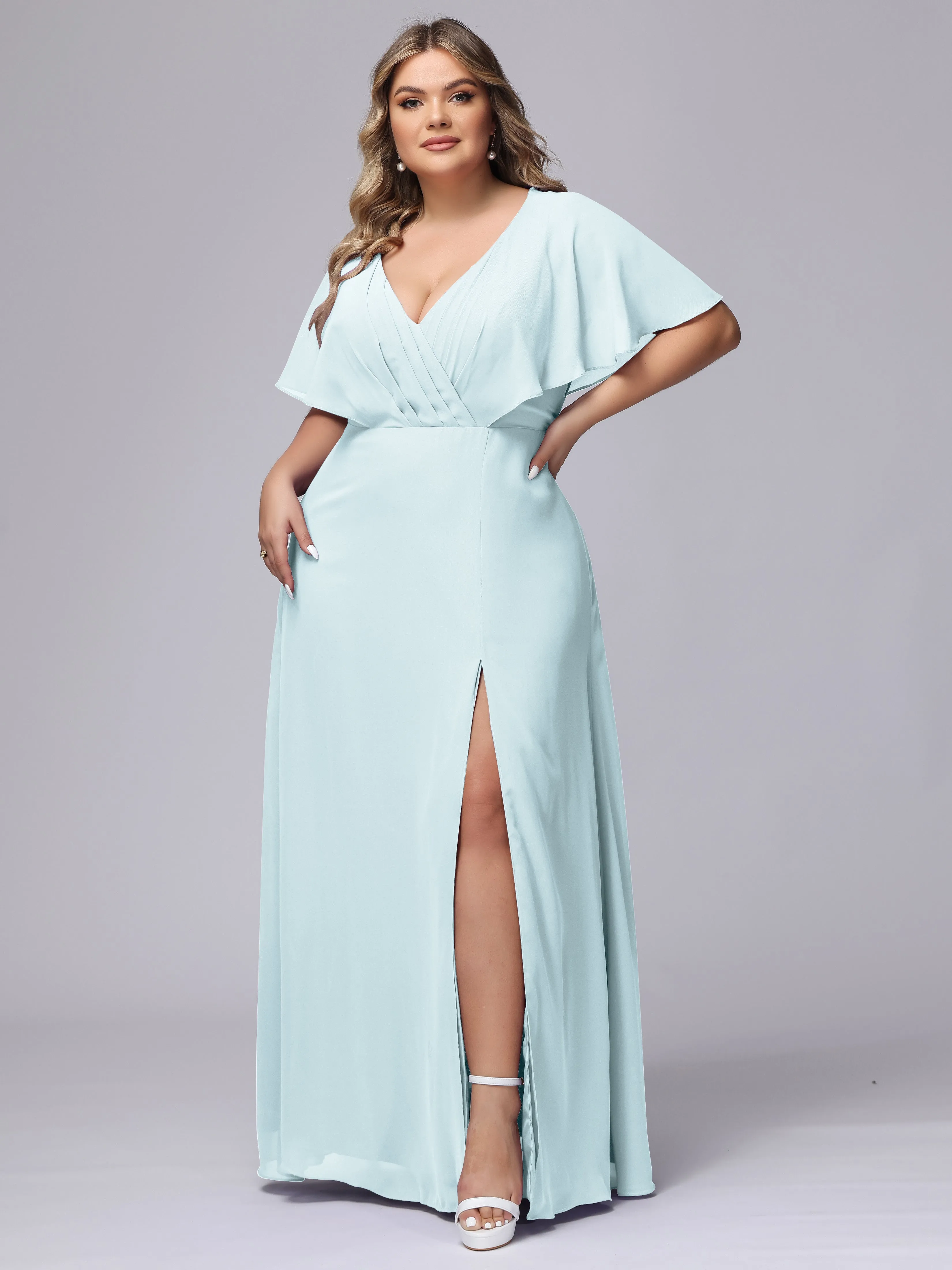 V-Neck Chiffon Short Sleeves Plus Size  Bridesmaid Dresses