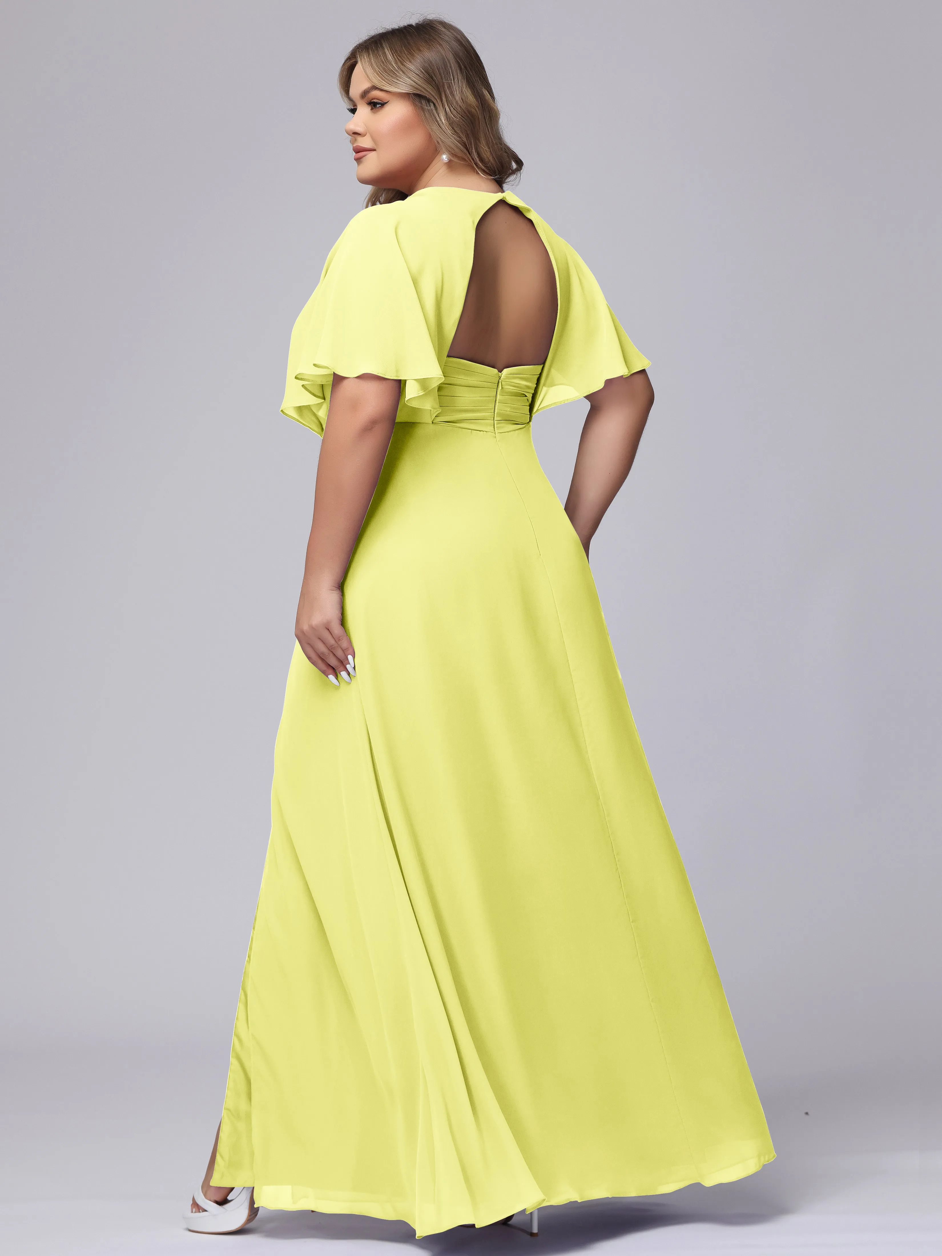 V-Neck Chiffon Short Sleeves Plus Size  Bridesmaid Dresses