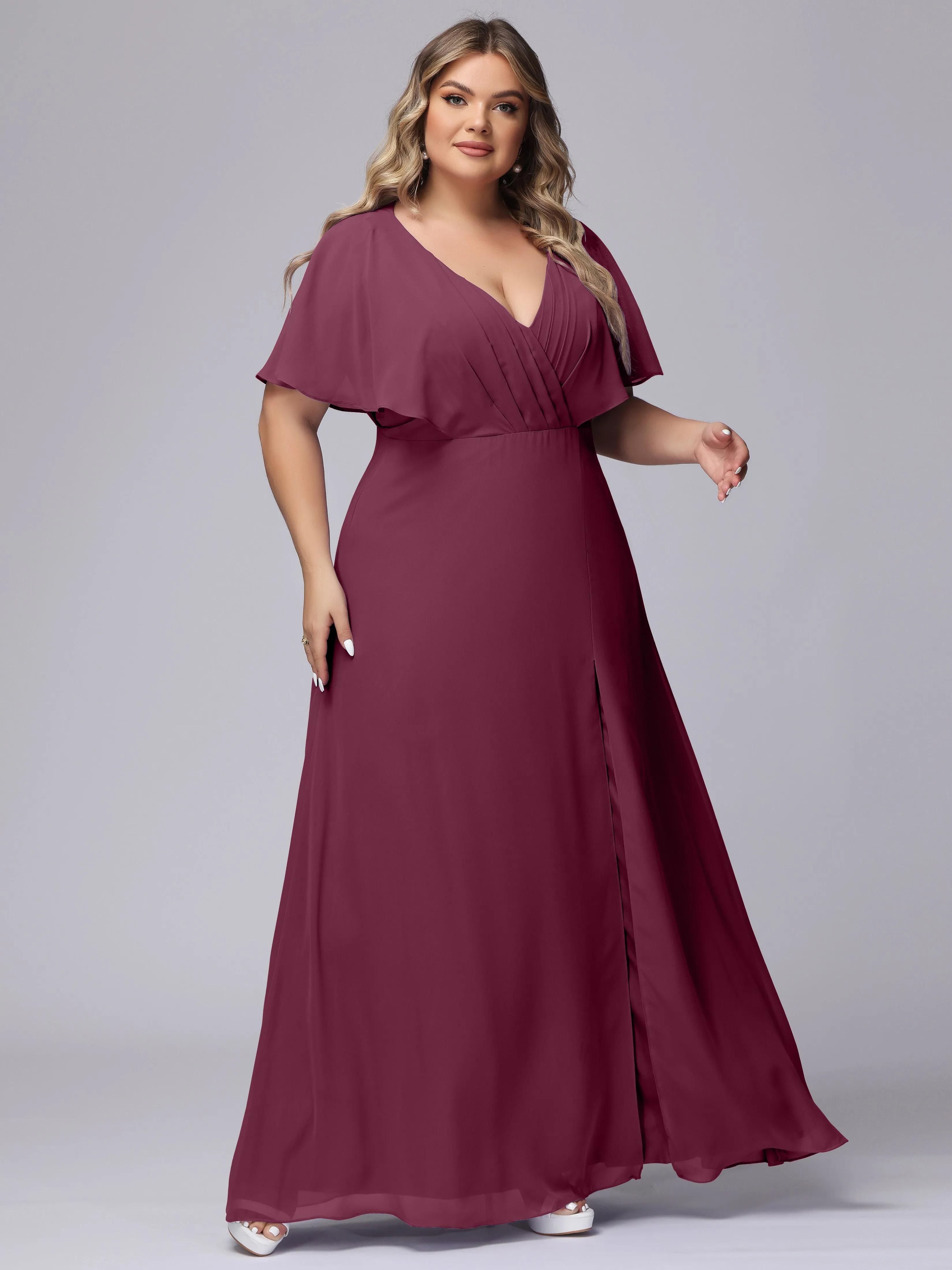 V-Neck Chiffon Short Sleeves Plus Size  Bridesmaid Dresses