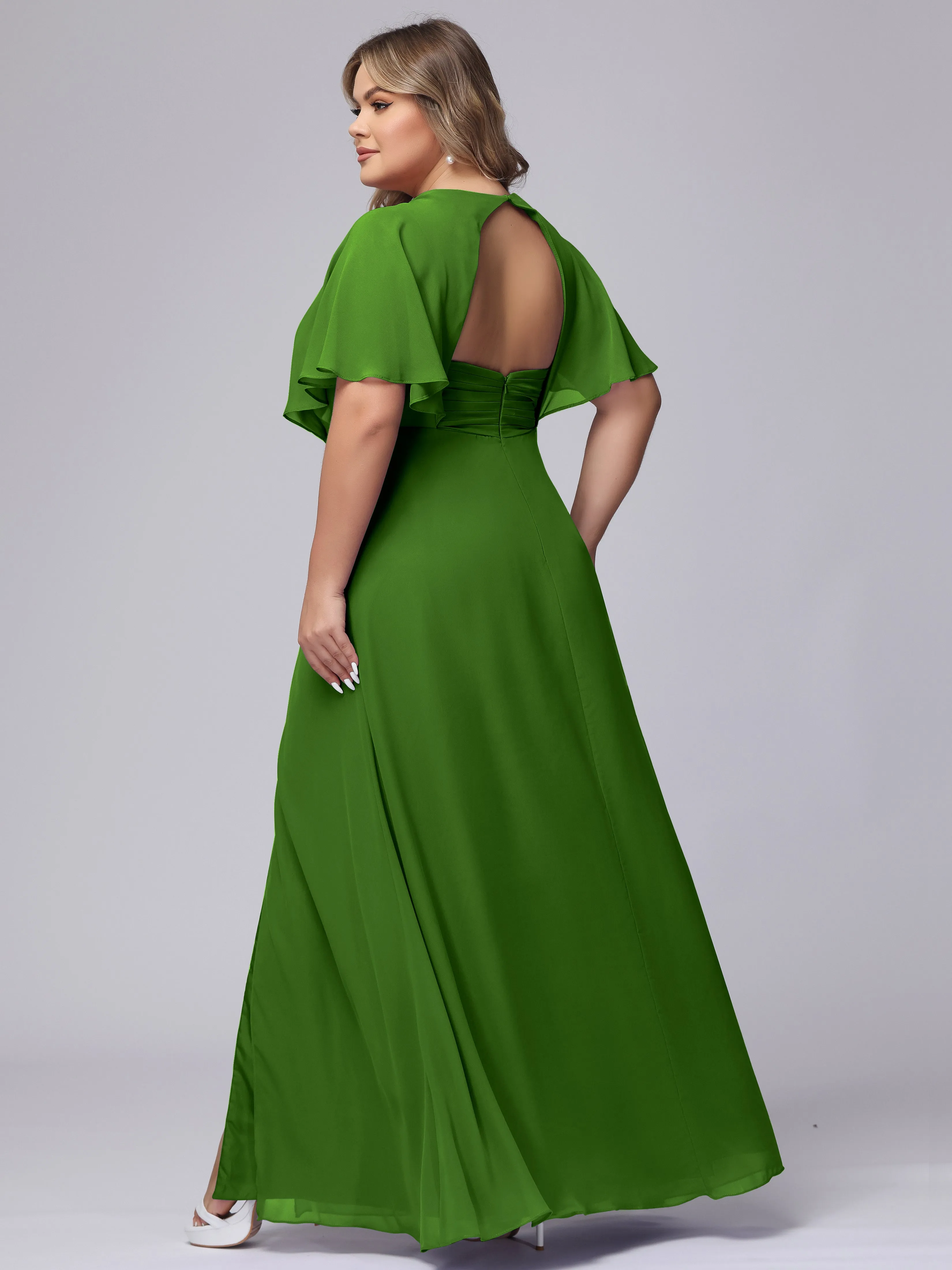 V-Neck Chiffon Short Sleeves Plus Size  Bridesmaid Dresses