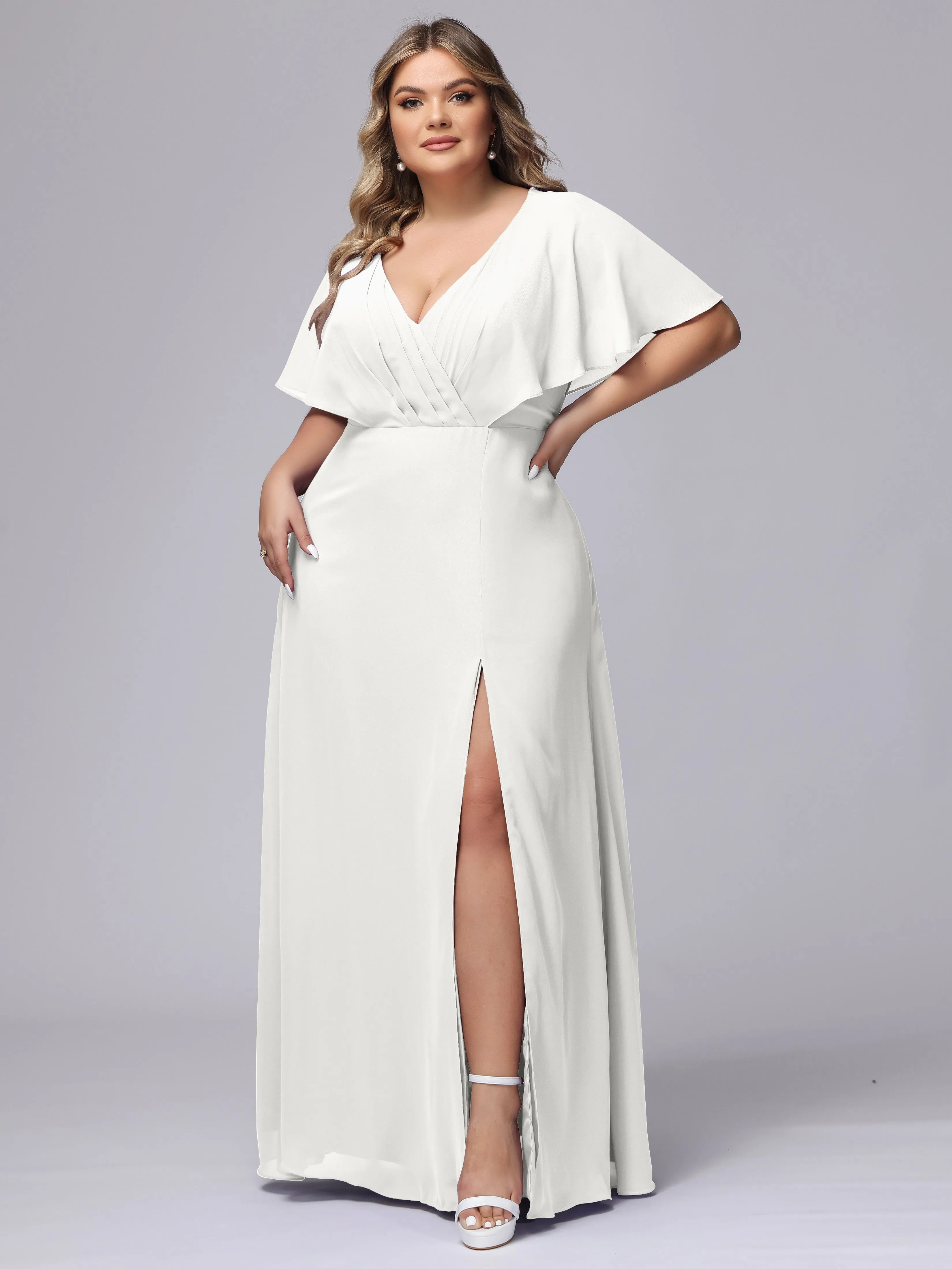 V-Neck Chiffon Short Sleeves Plus Size  Bridesmaid Dresses