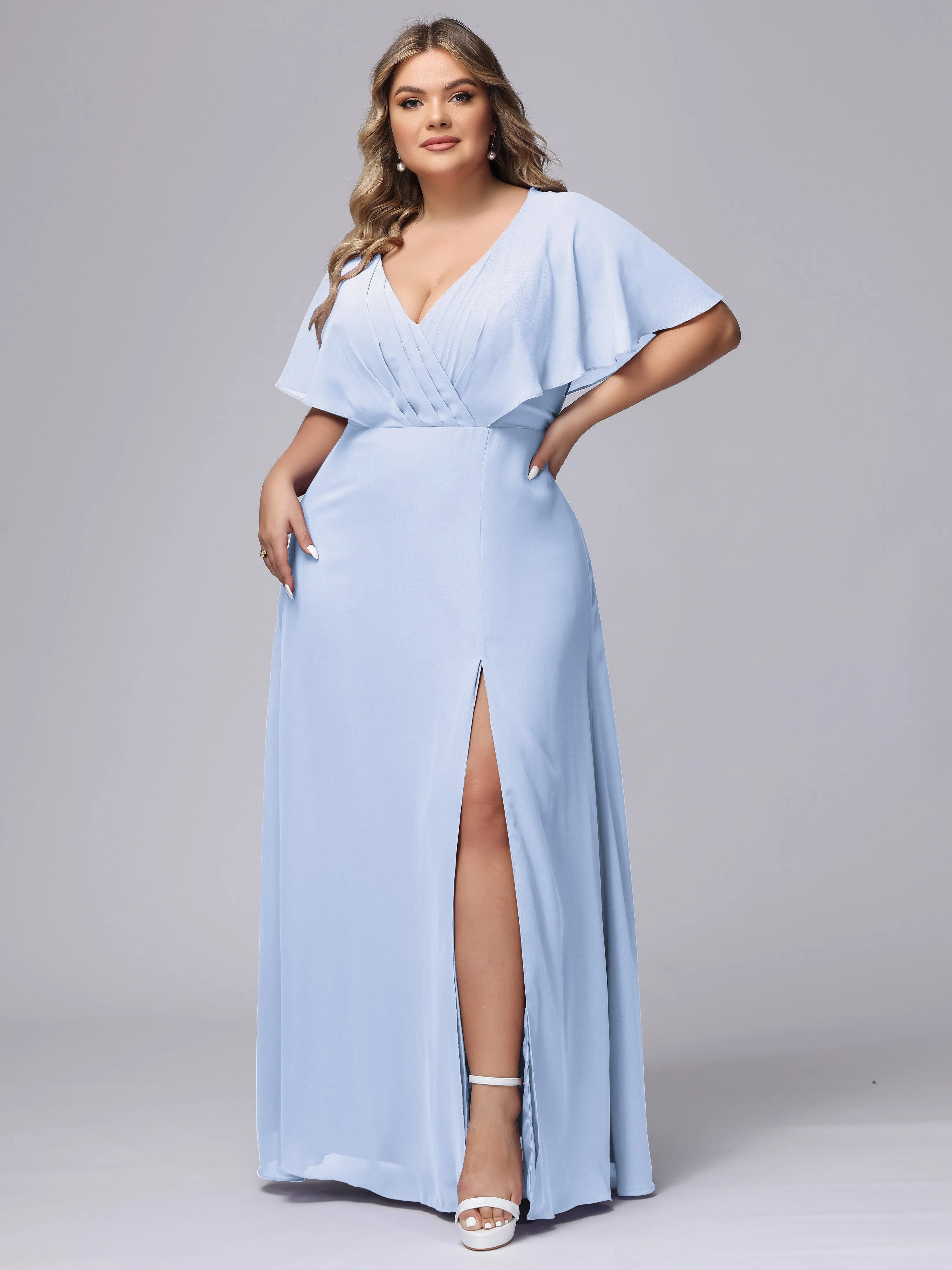 V-Neck Chiffon Short Sleeves Plus Size  Bridesmaid Dresses