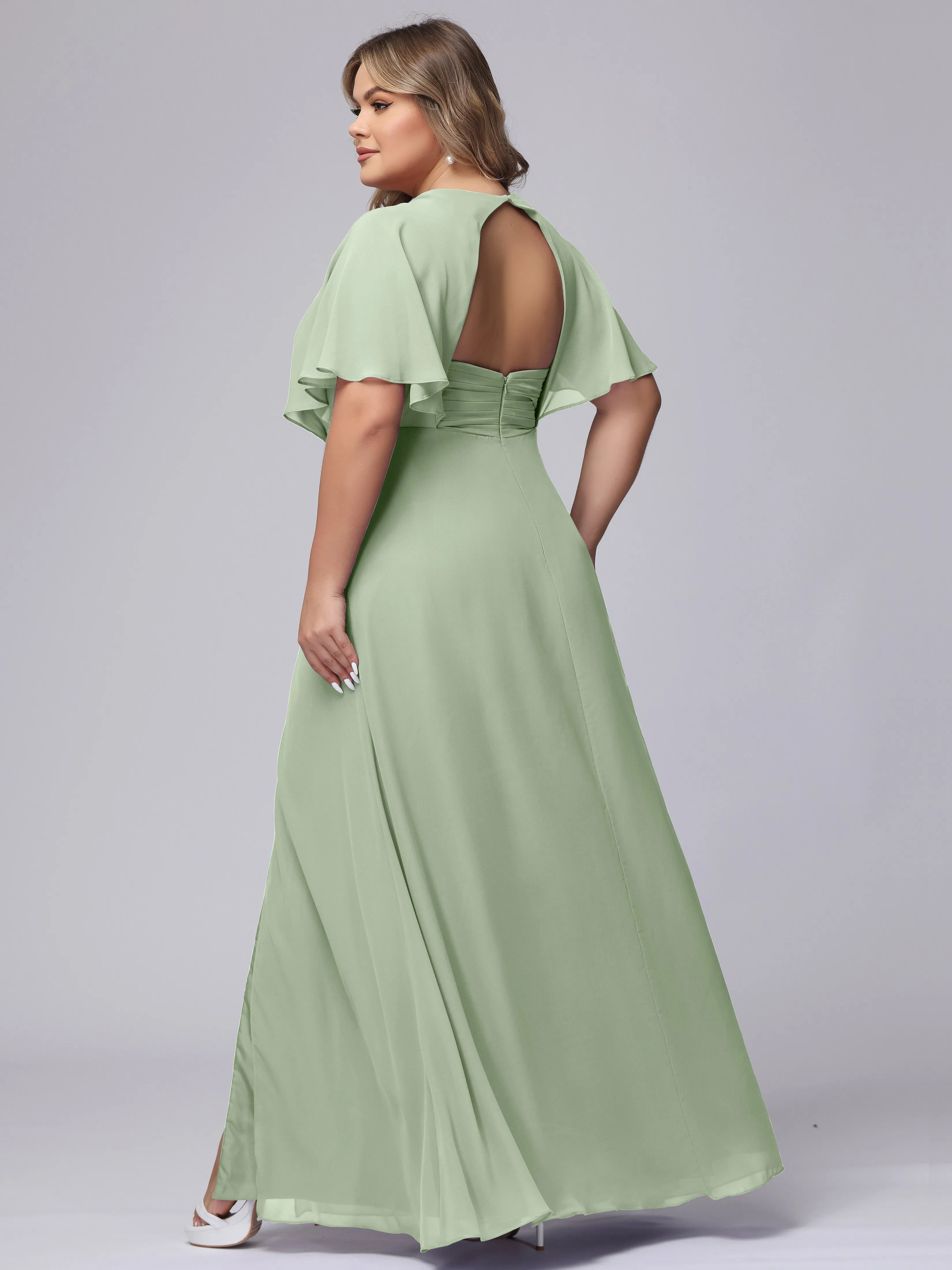 V-Neck Chiffon Short Sleeves Plus Size  Bridesmaid Dresses