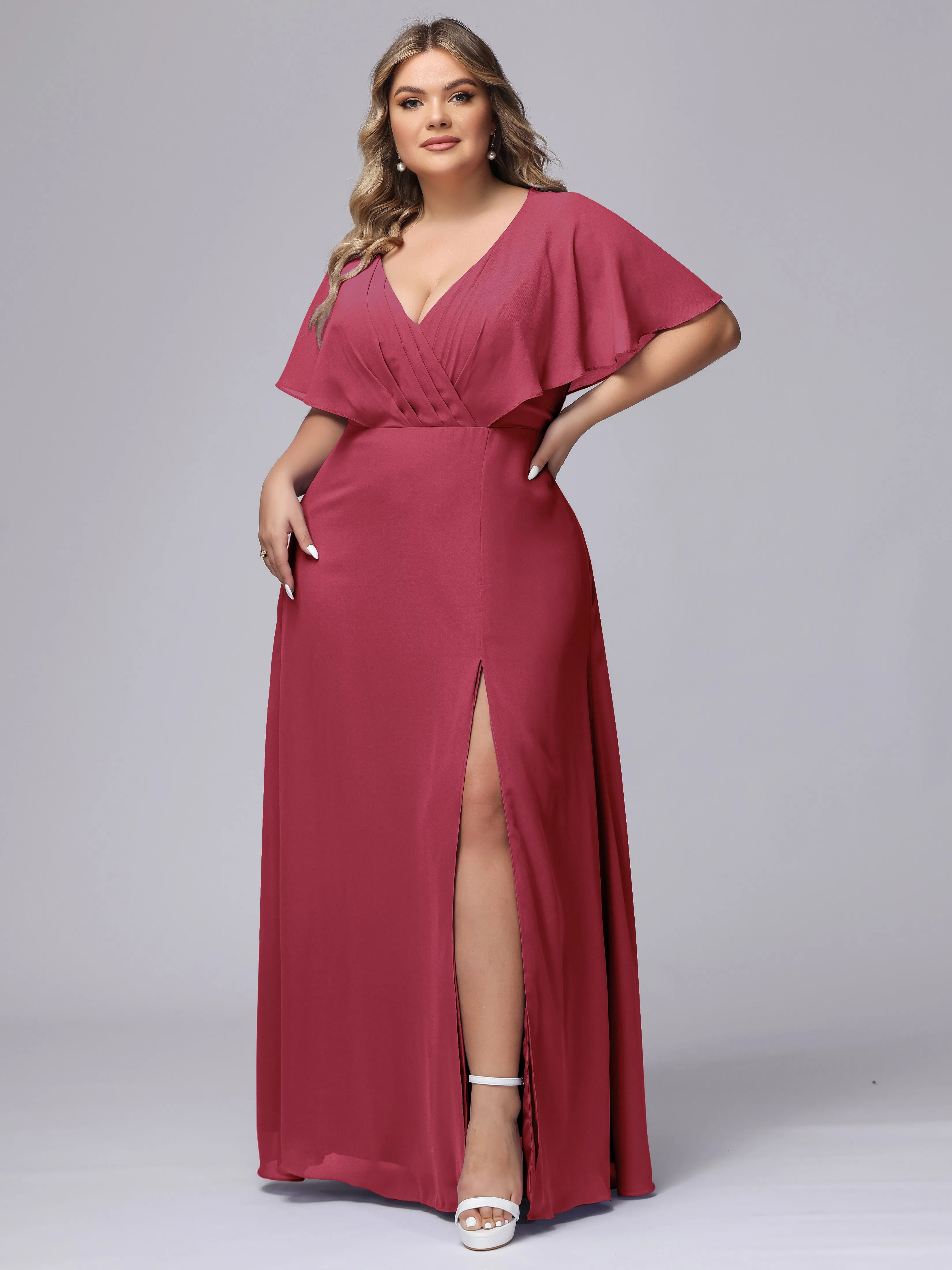 V-Neck Chiffon Short Sleeves Plus Size  Bridesmaid Dresses