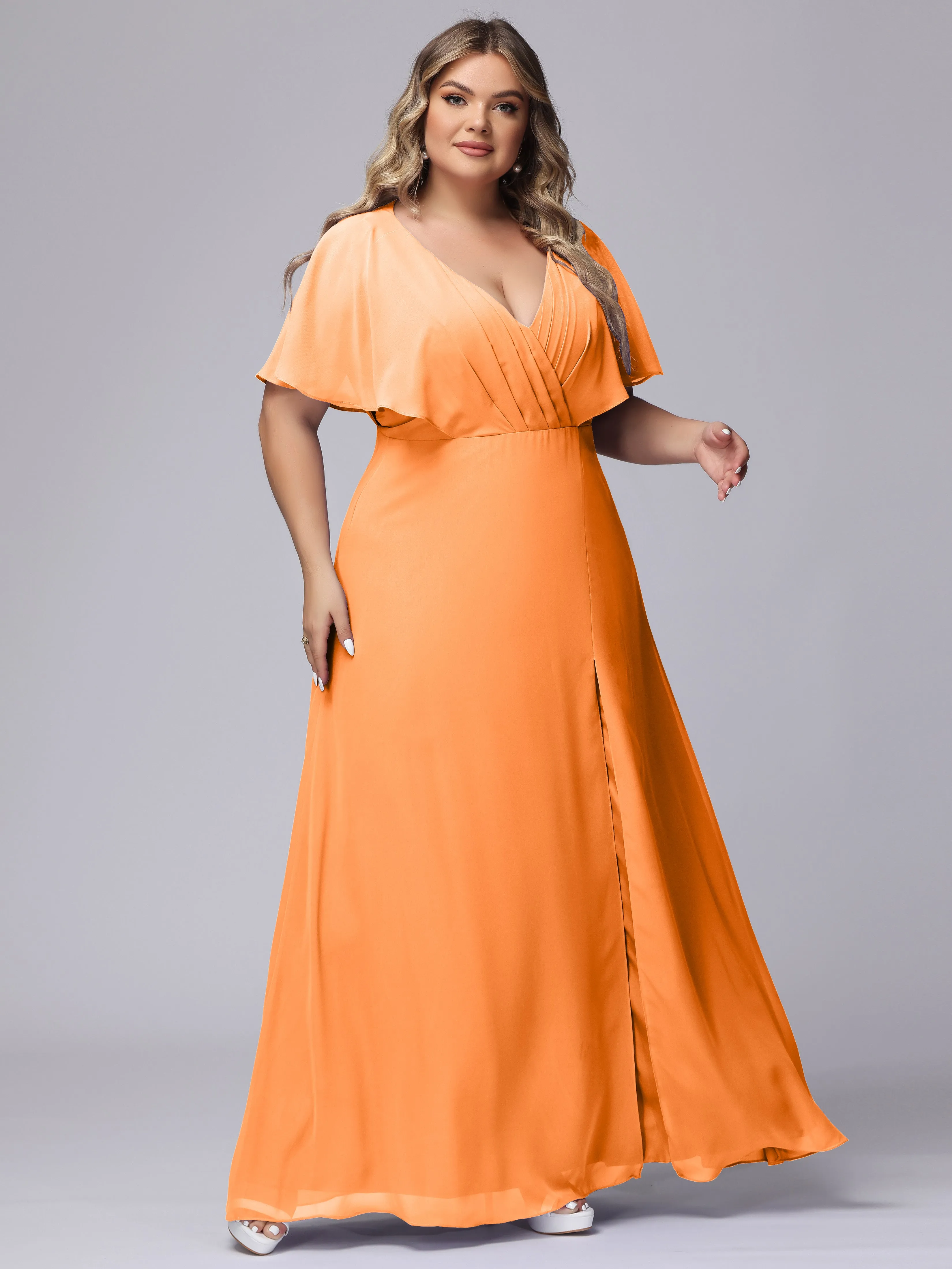 V-Neck Chiffon Short Sleeves Plus Size  Bridesmaid Dresses