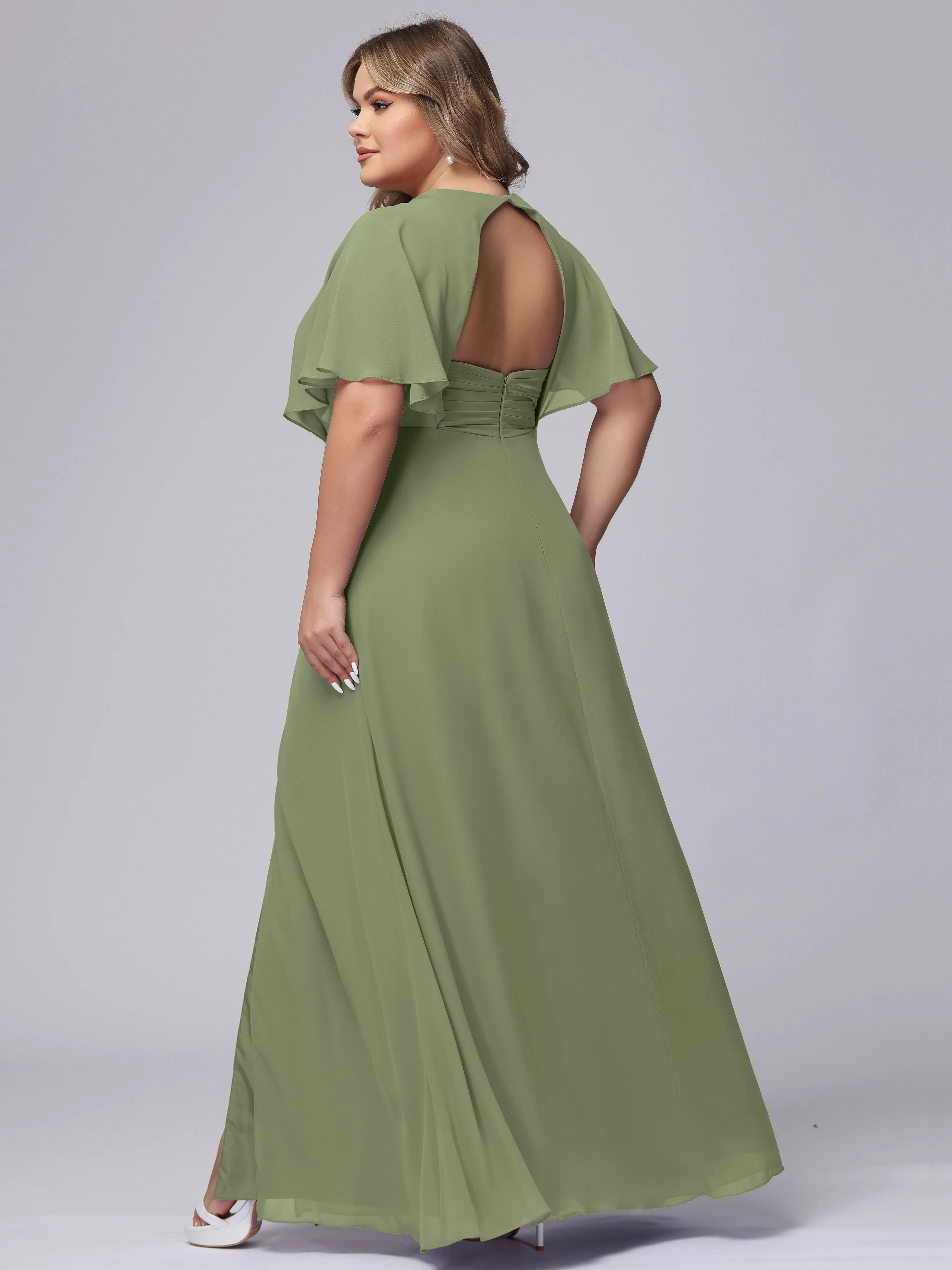 V-Neck Chiffon Short Sleeves Plus Size  Bridesmaid Dresses