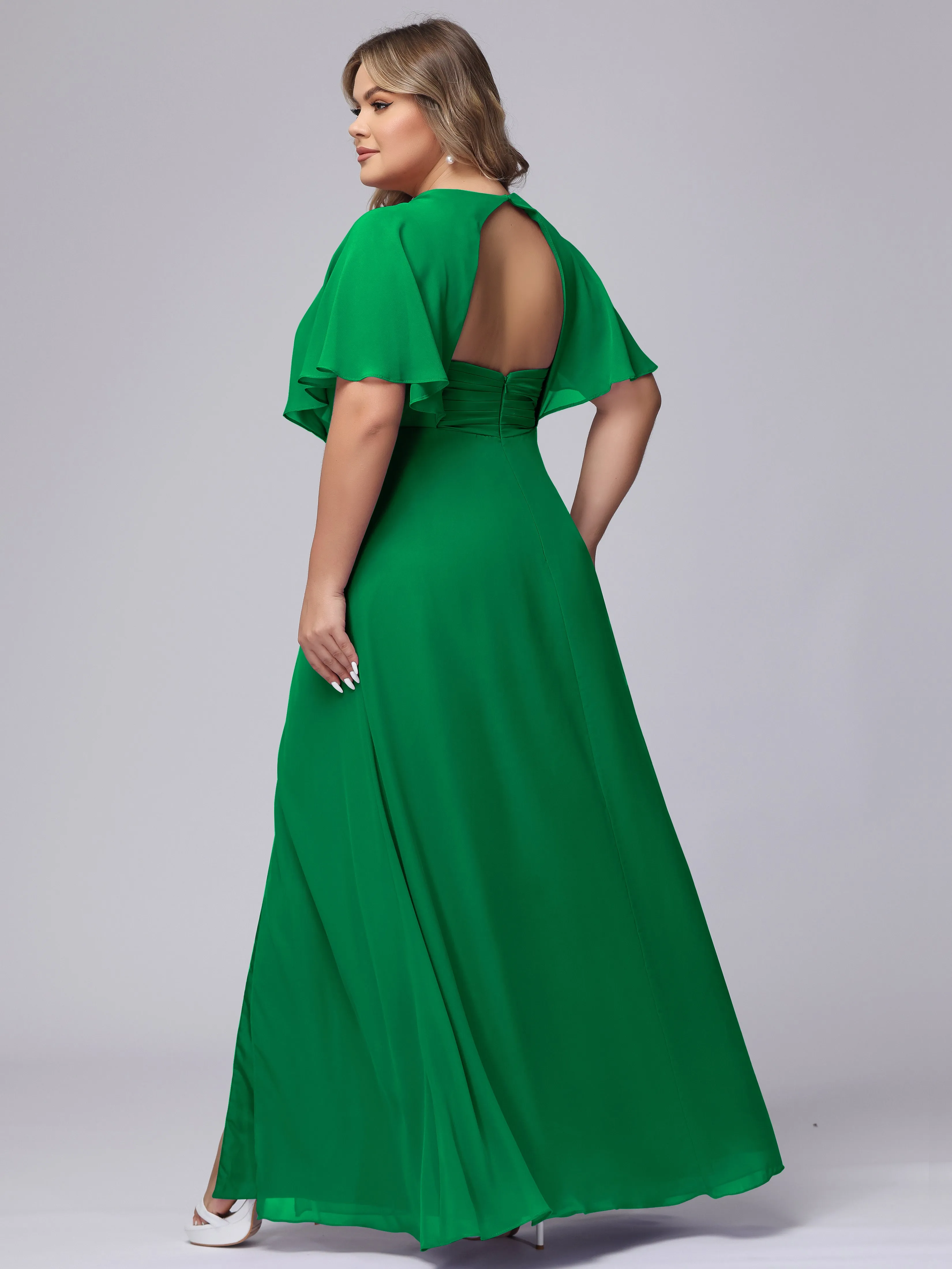 V-Neck Chiffon Short Sleeves Plus Size  Bridesmaid Dresses