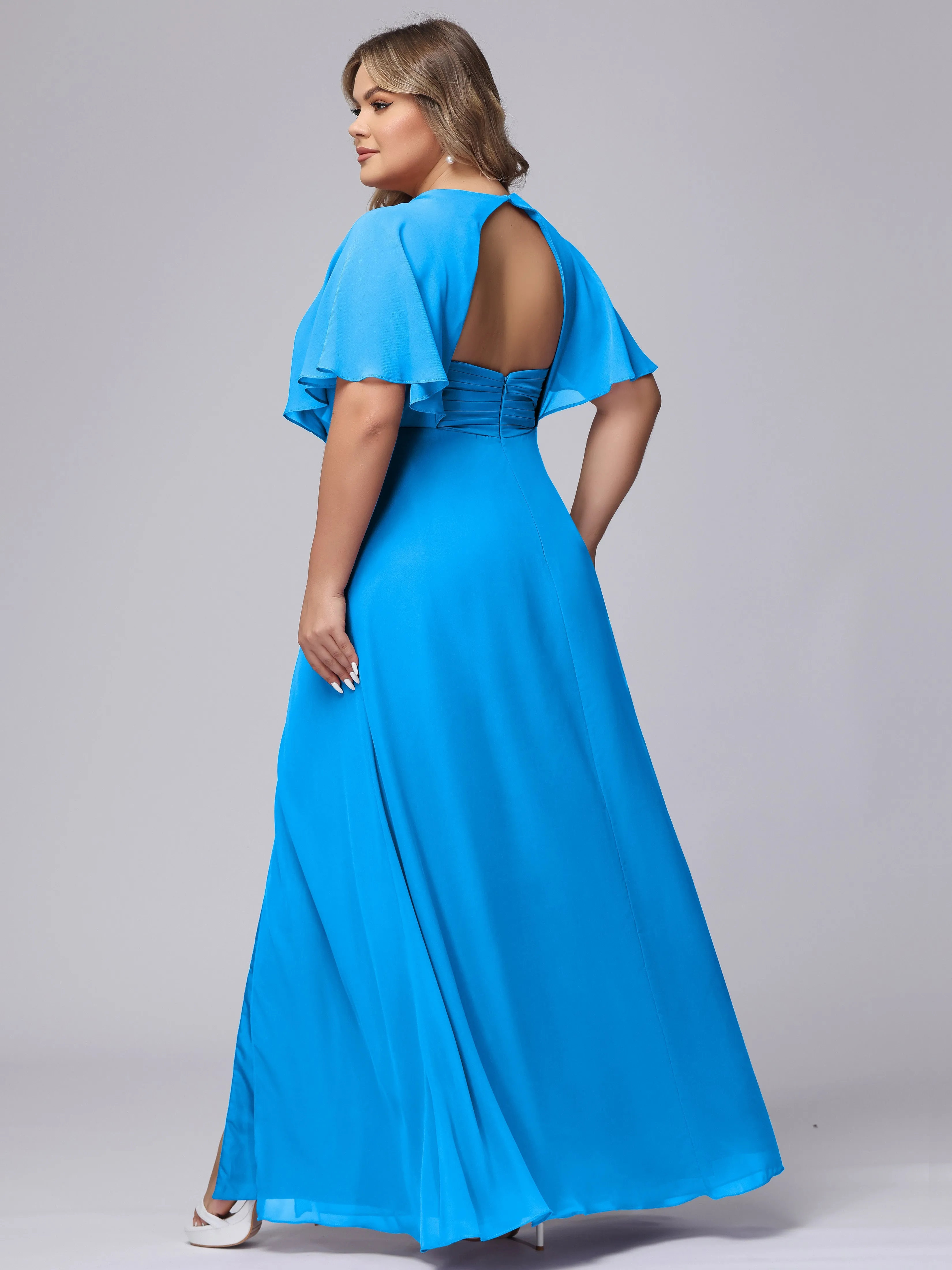 V-Neck Chiffon Short Sleeves Plus Size  Bridesmaid Dresses