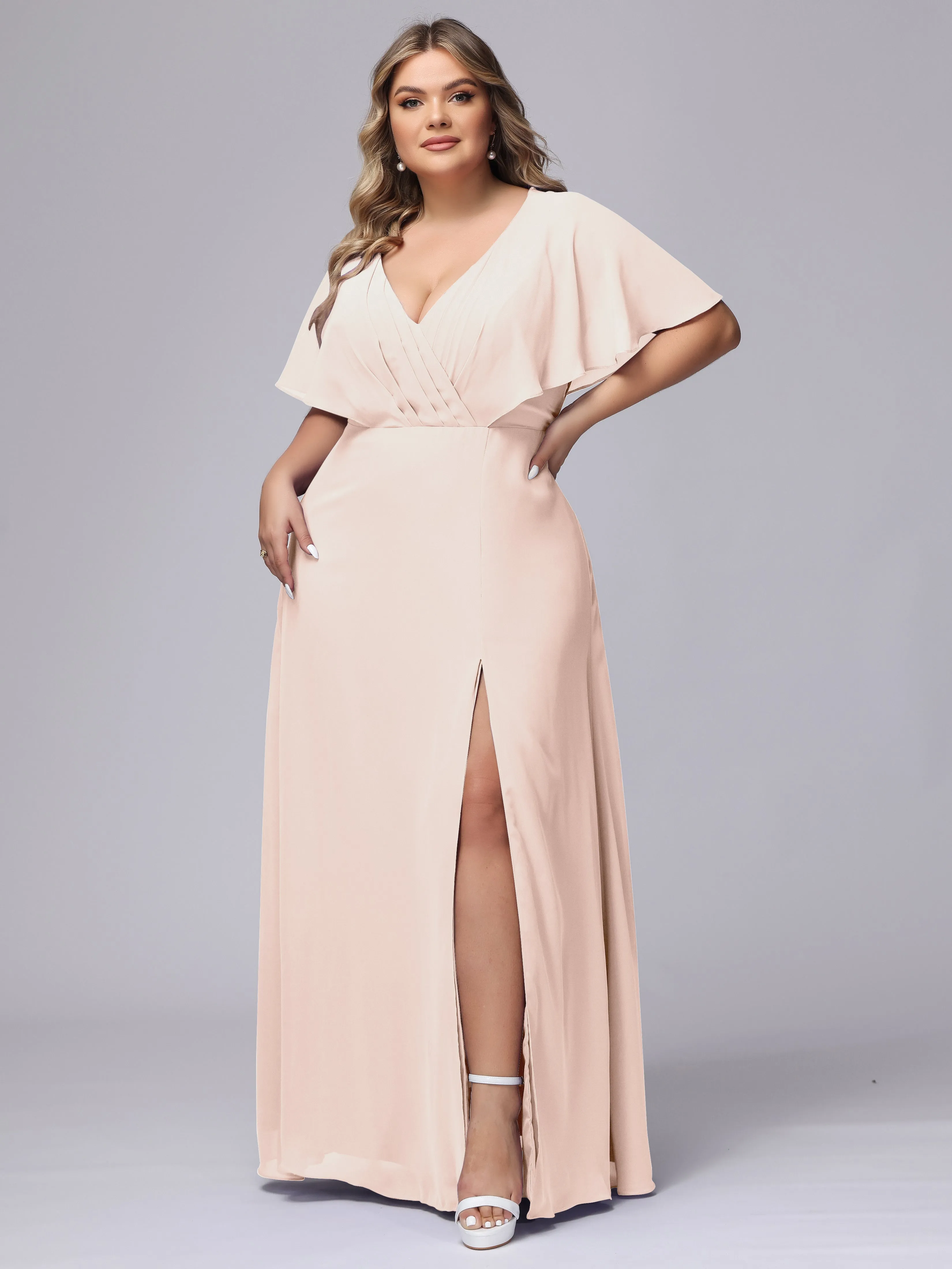 V-Neck Chiffon Short Sleeves Plus Size  Bridesmaid Dresses