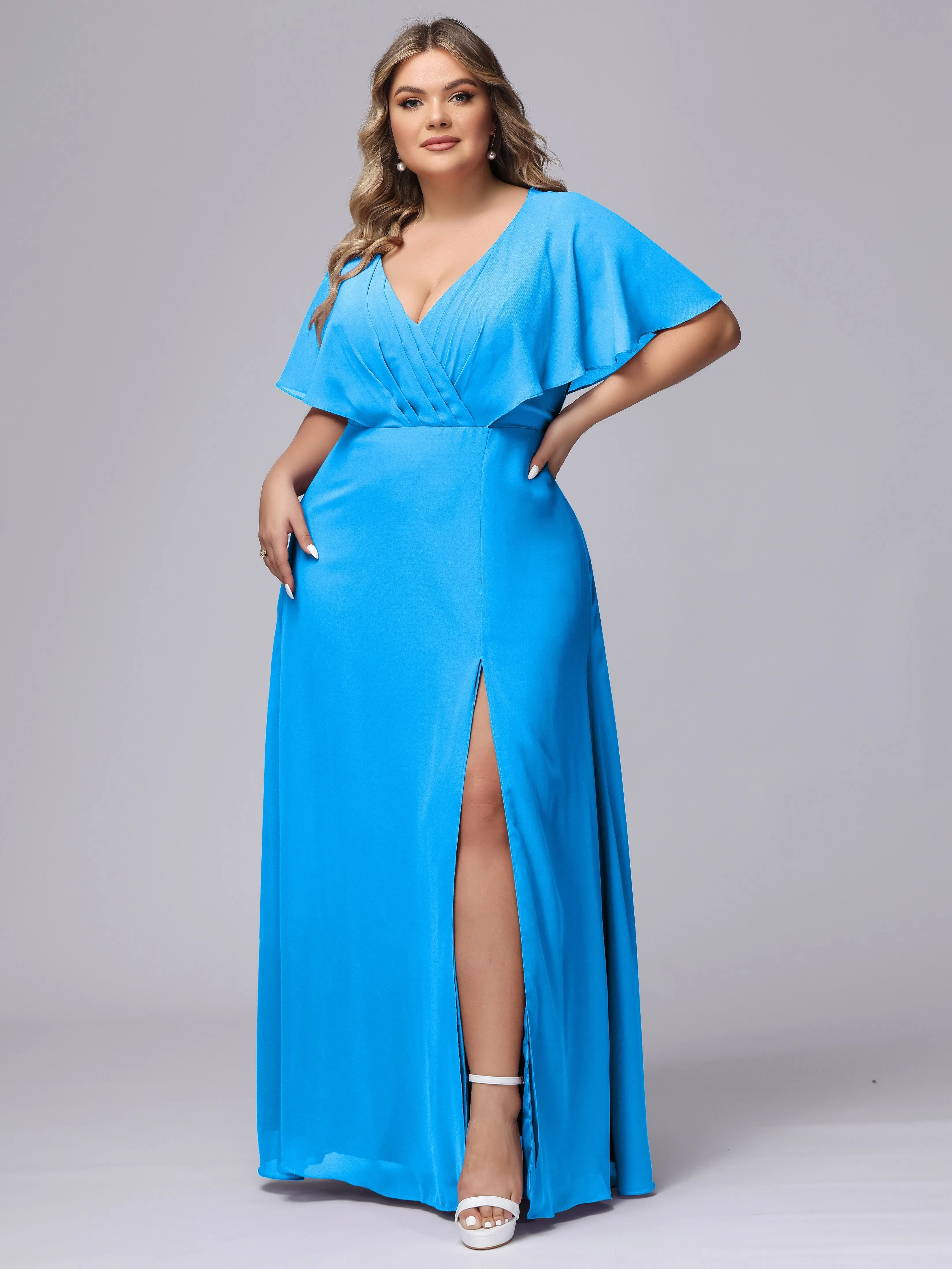 V-Neck Chiffon Short Sleeves Plus Size  Bridesmaid Dresses