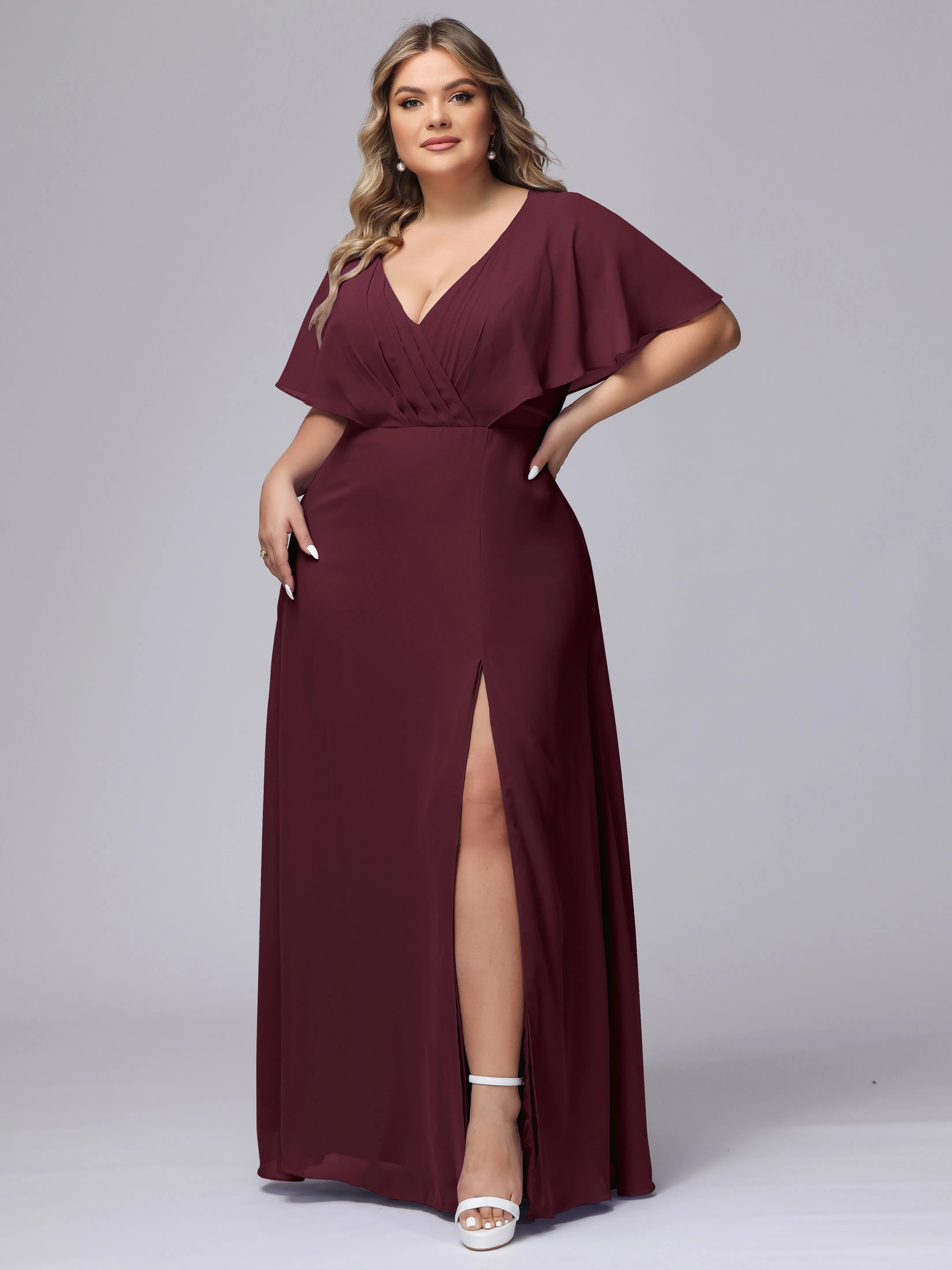 V-Neck Chiffon Short Sleeves Plus Size  Bridesmaid Dresses