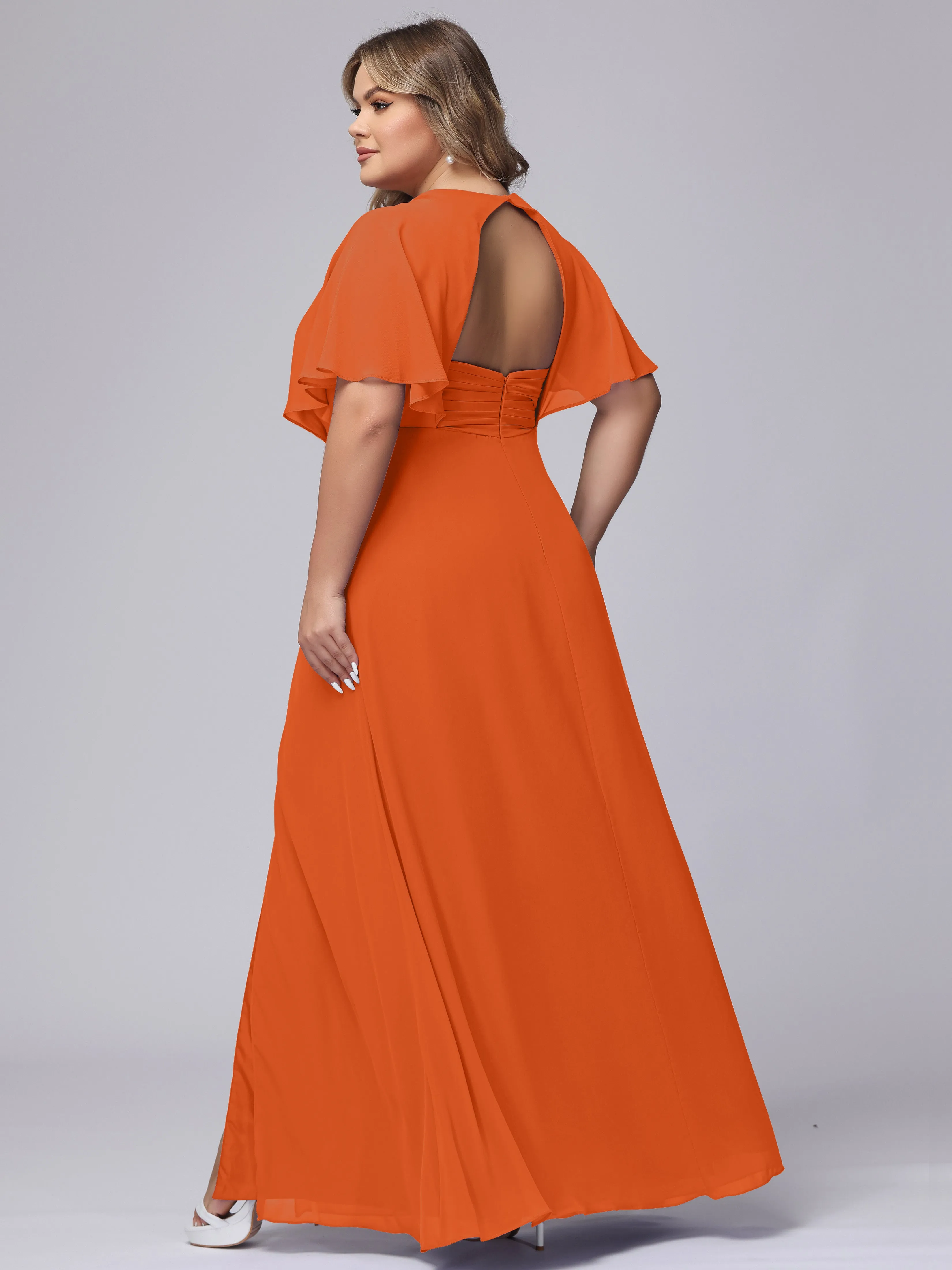 V-Neck Chiffon Short Sleeves Plus Size  Bridesmaid Dresses