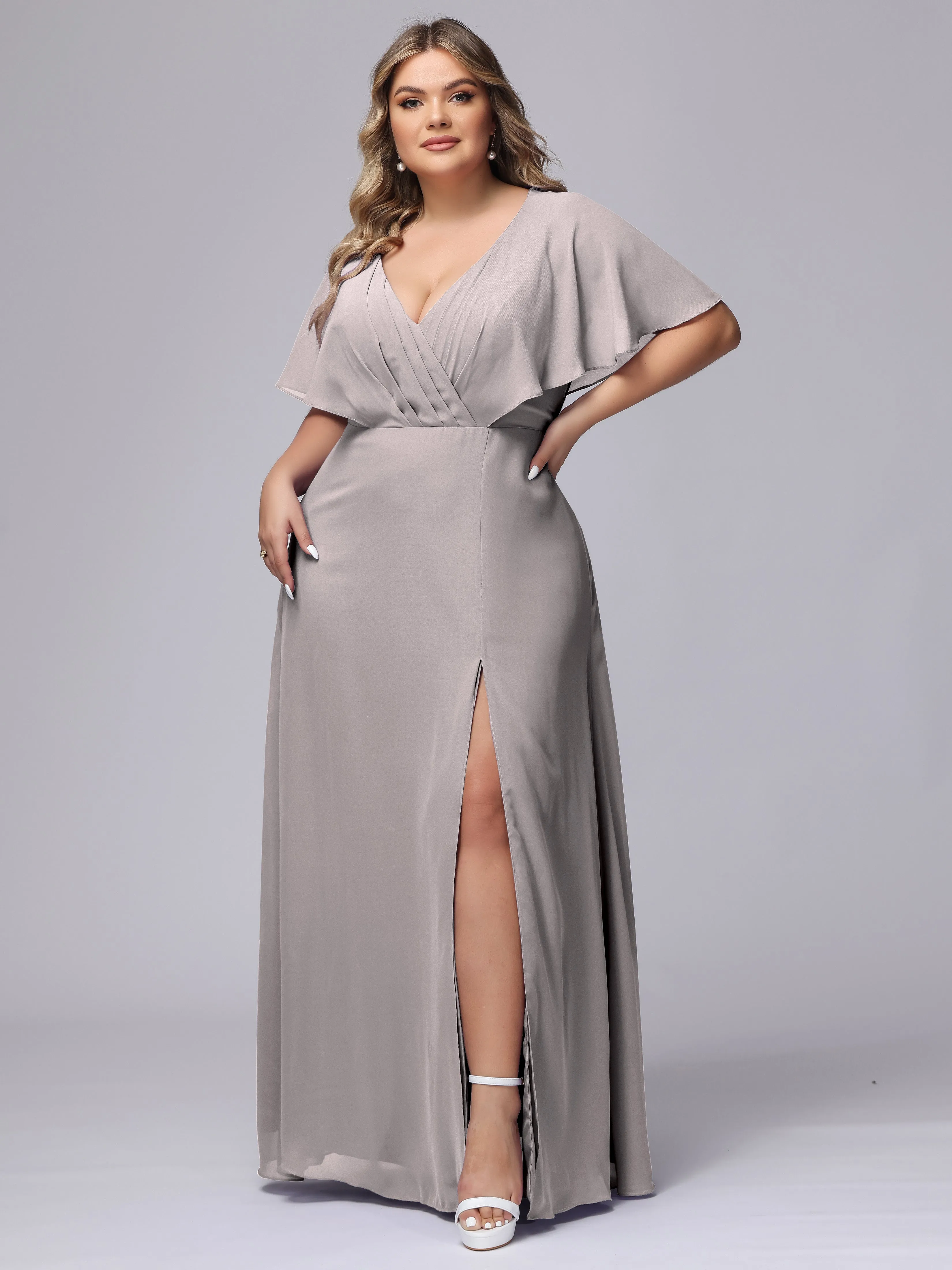 V-Neck Chiffon Short Sleeves Plus Size  Bridesmaid Dresses