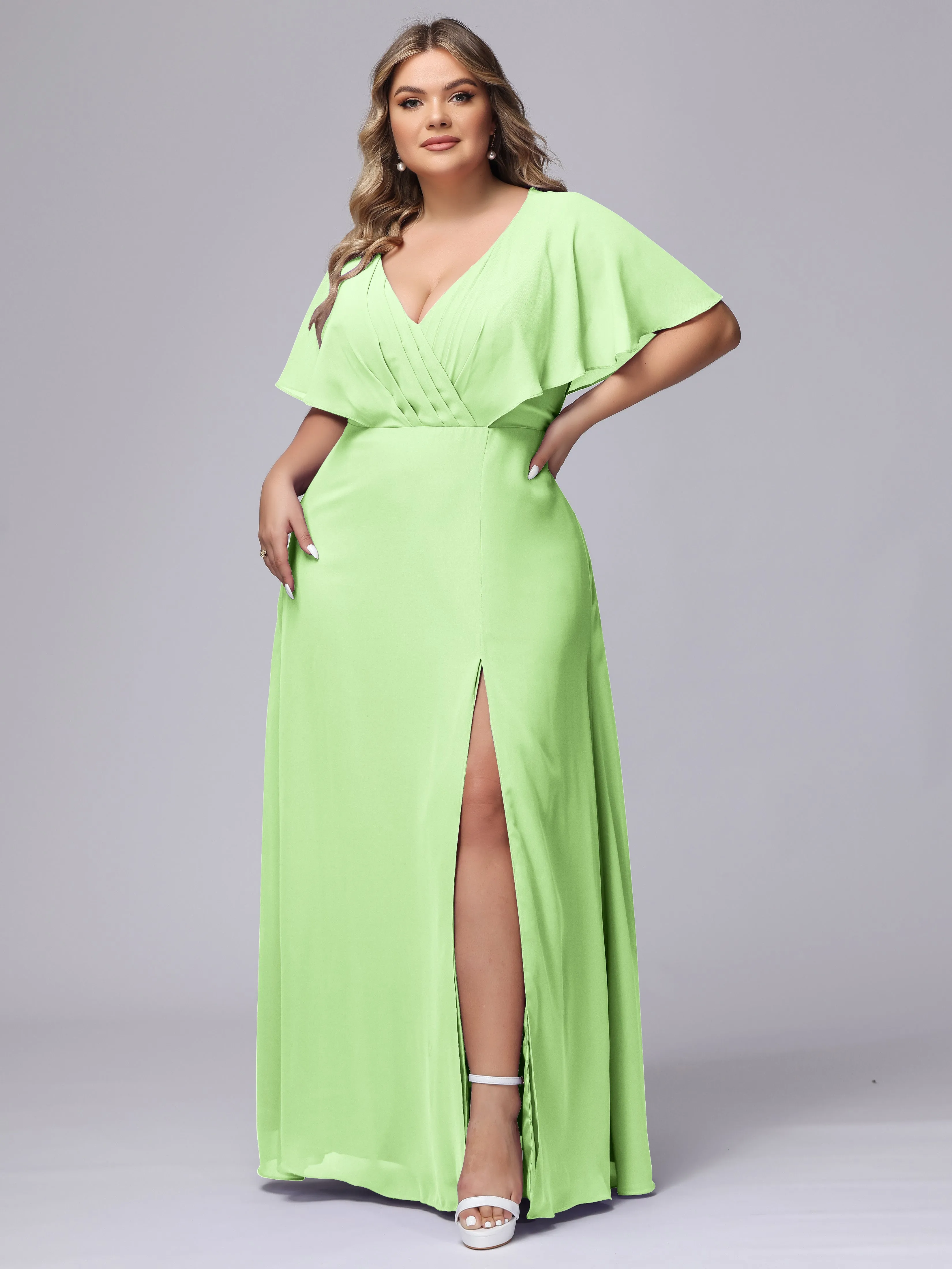 V-Neck Chiffon Short Sleeves Plus Size  Bridesmaid Dresses