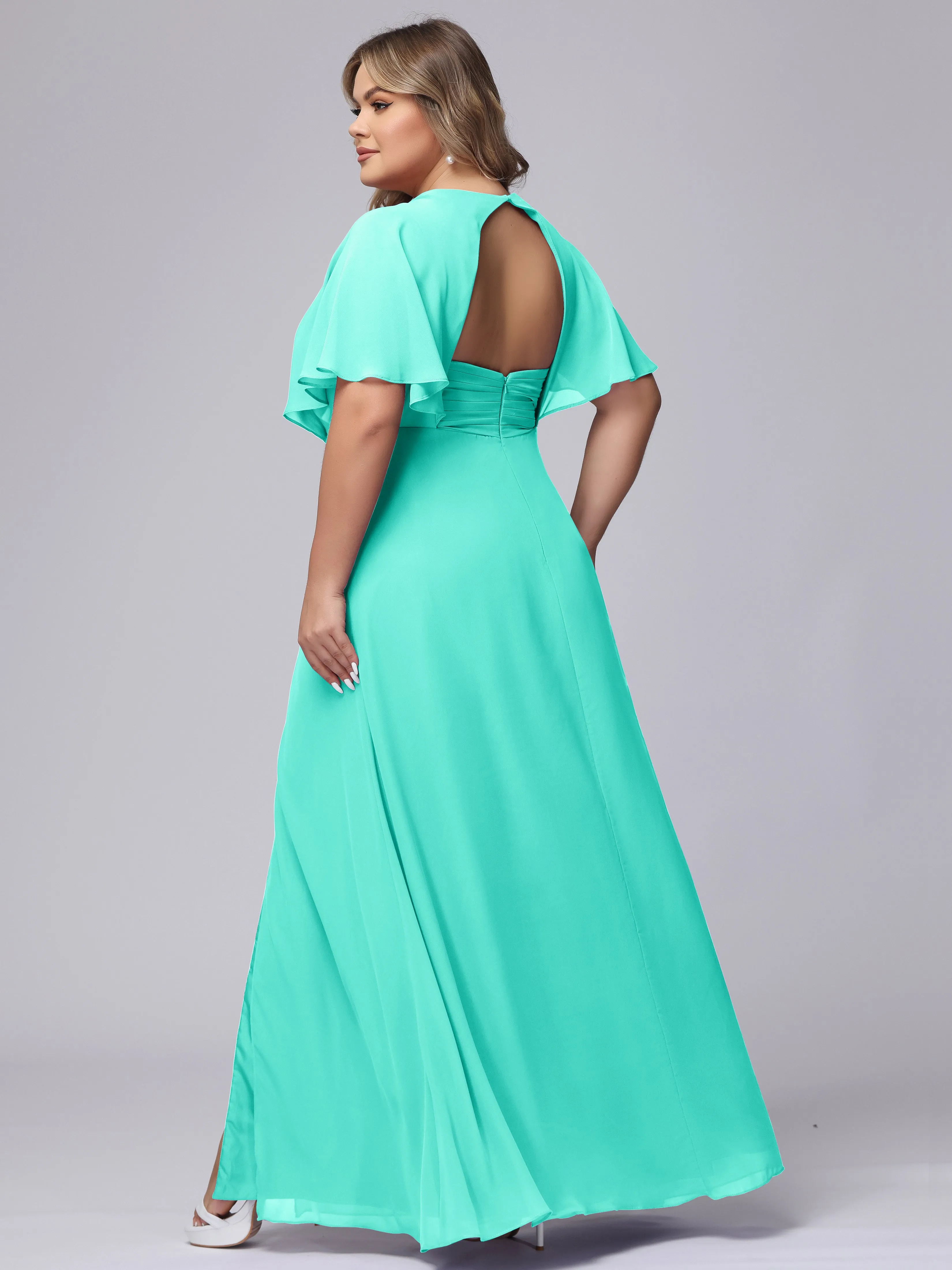 V-Neck Chiffon Short Sleeves Plus Size  Bridesmaid Dresses