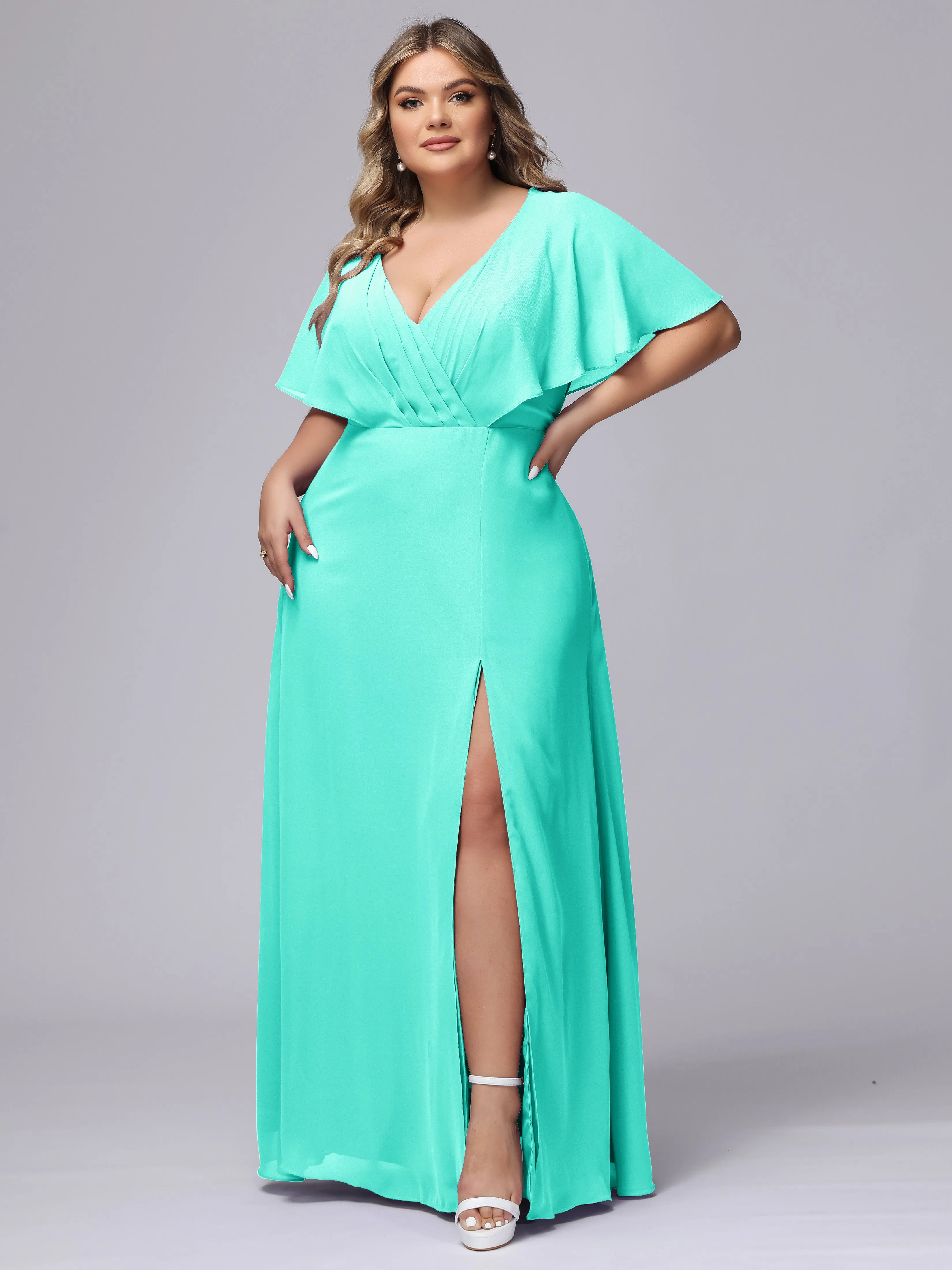 V-Neck Chiffon Short Sleeves Plus Size  Bridesmaid Dresses