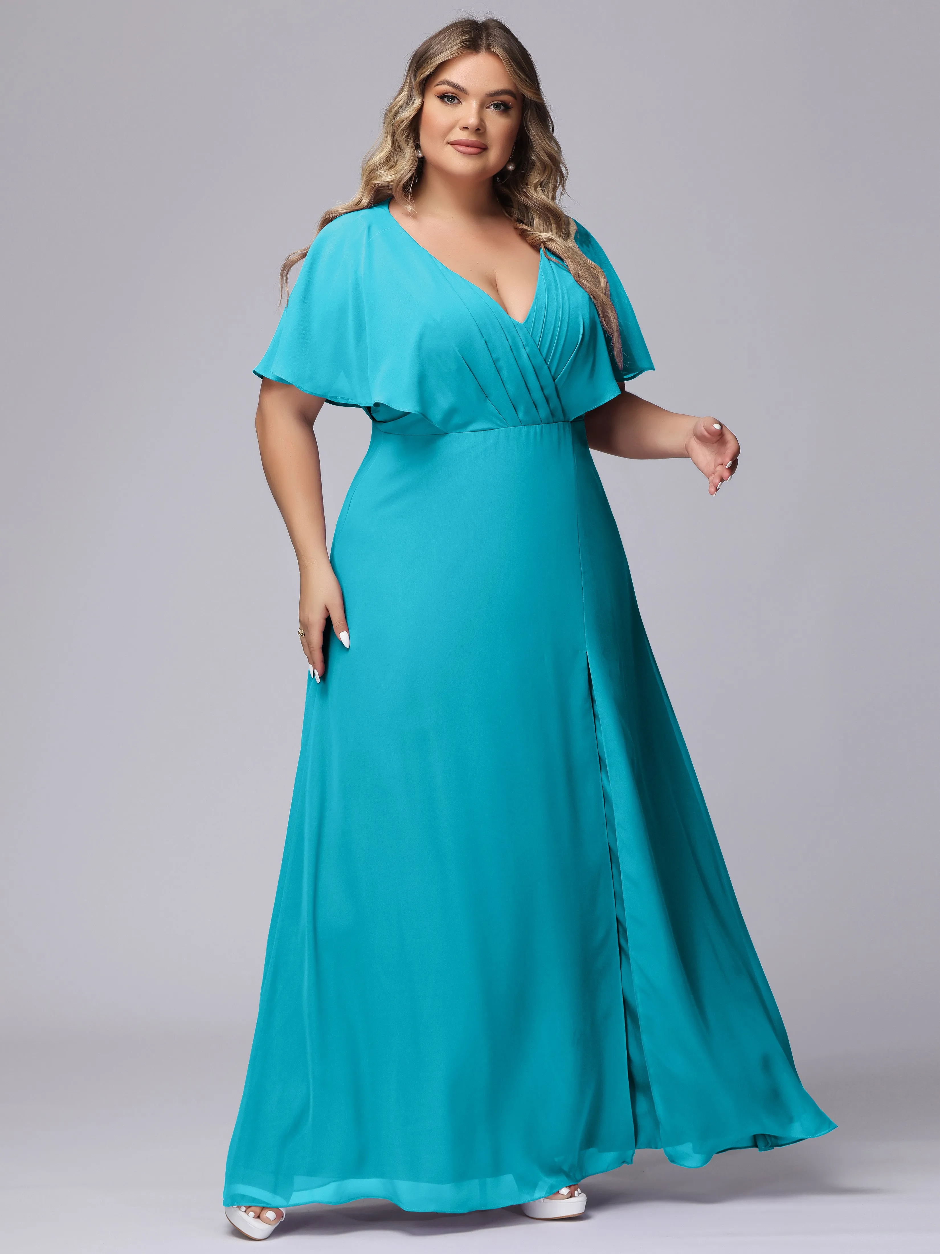 V-Neck Chiffon Short Sleeves Plus Size  Bridesmaid Dresses