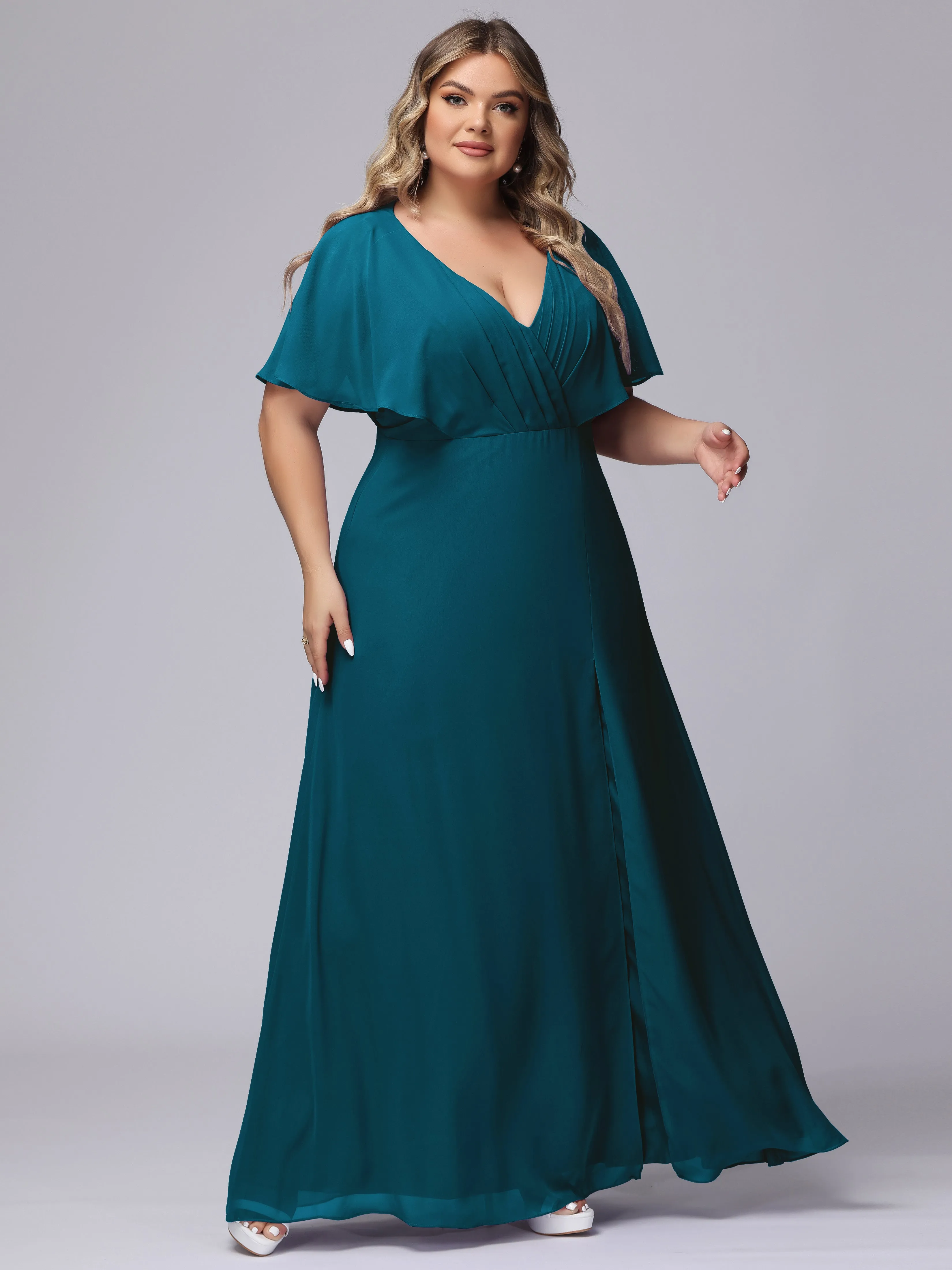V-Neck Chiffon Short Sleeves Plus Size  Bridesmaid Dresses