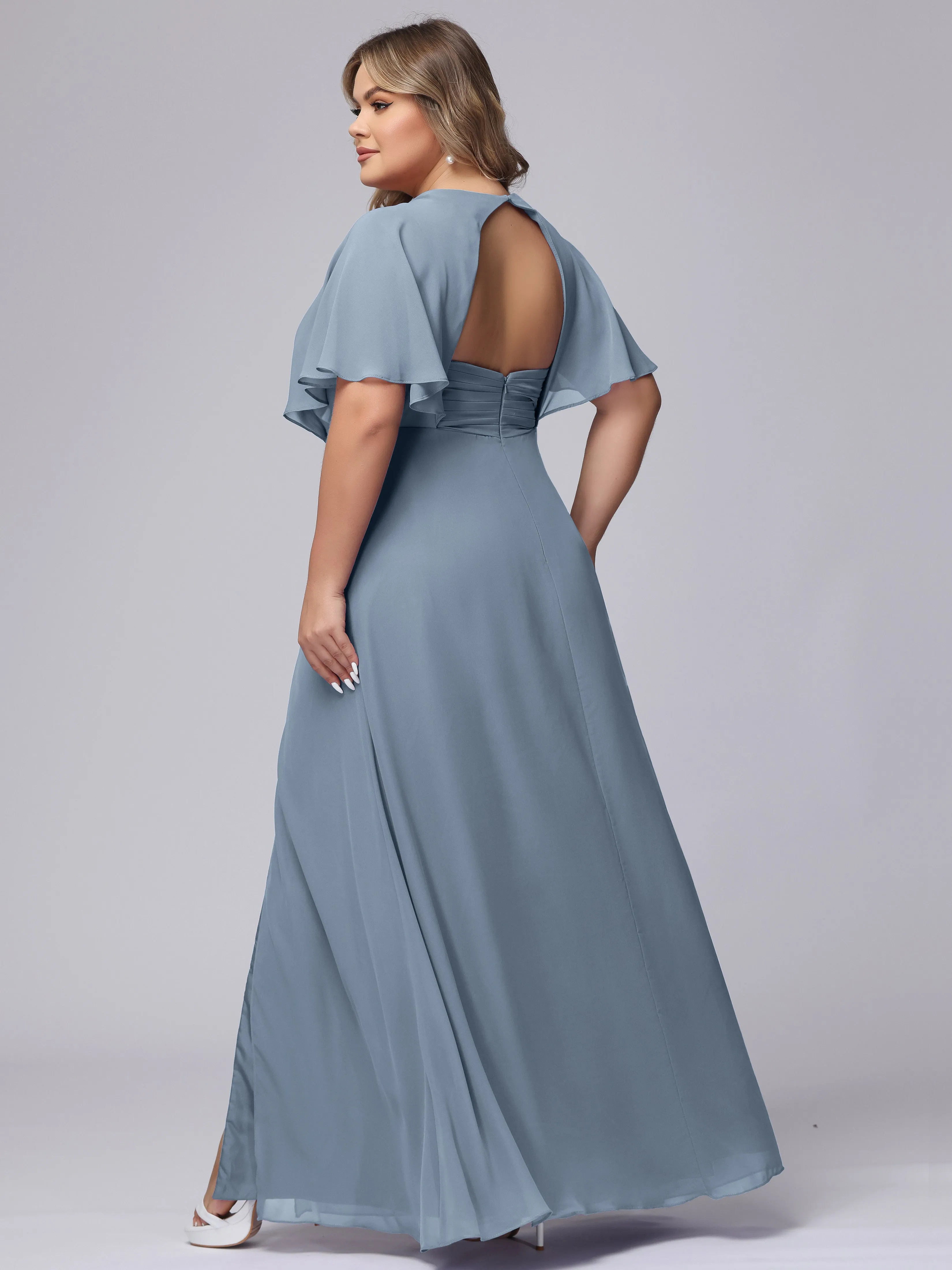 V-Neck Chiffon Short Sleeves Plus Size  Bridesmaid Dresses