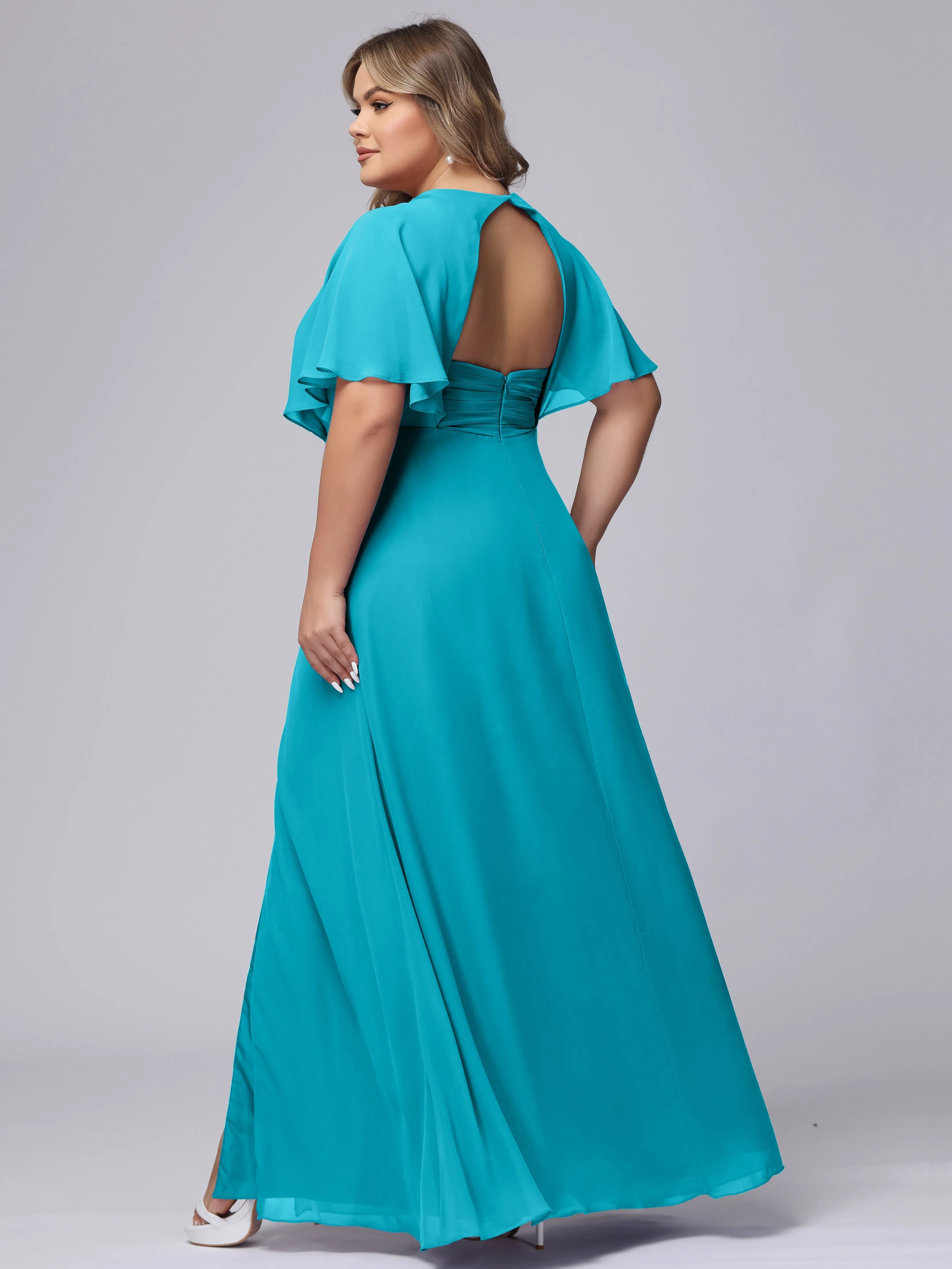 V-Neck Chiffon Short Sleeves Plus Size  Bridesmaid Dresses