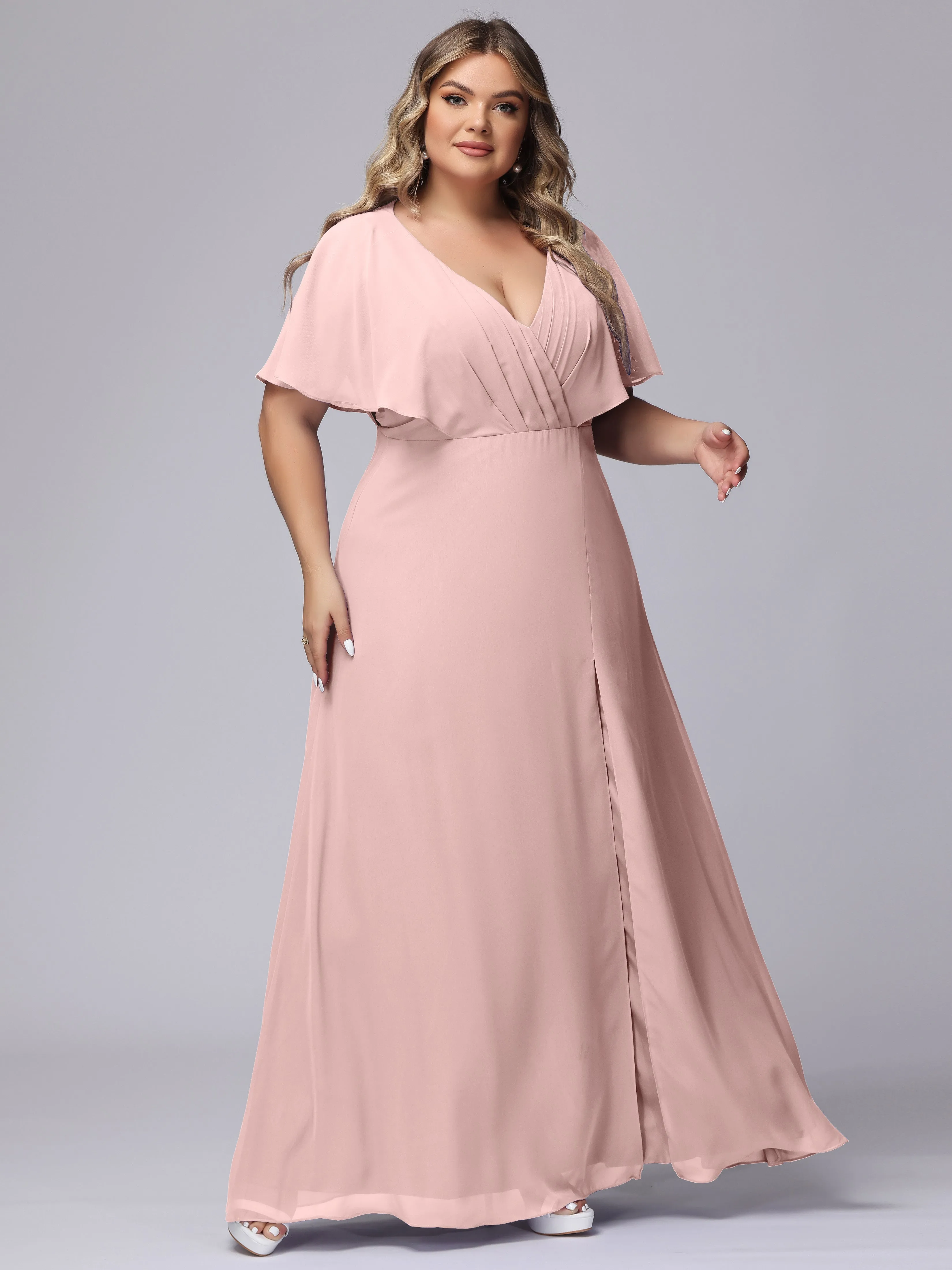 V-Neck Chiffon Short Sleeves Plus Size  Bridesmaid Dresses