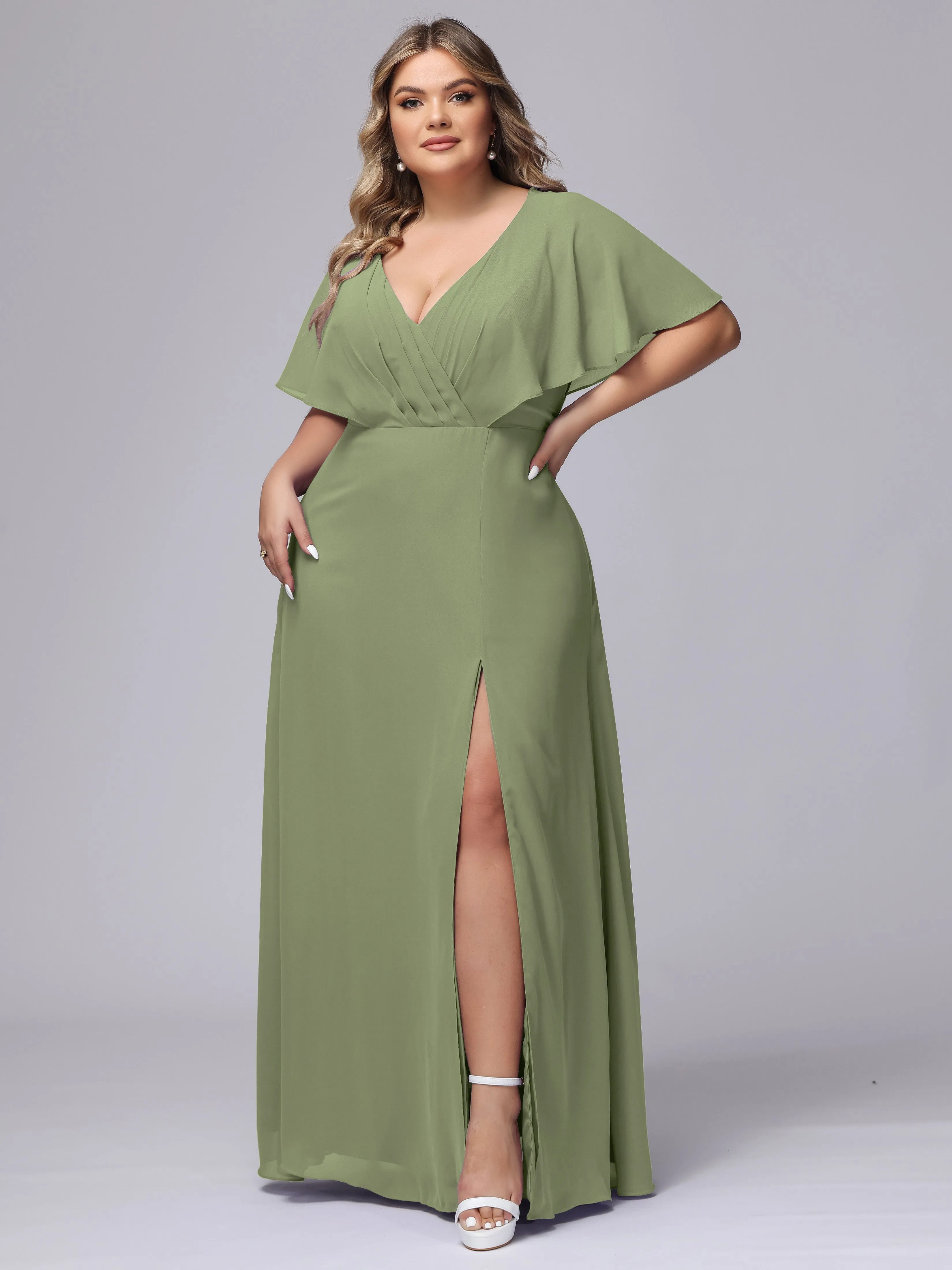 V-Neck Chiffon Short Sleeves Plus Size  Bridesmaid Dresses