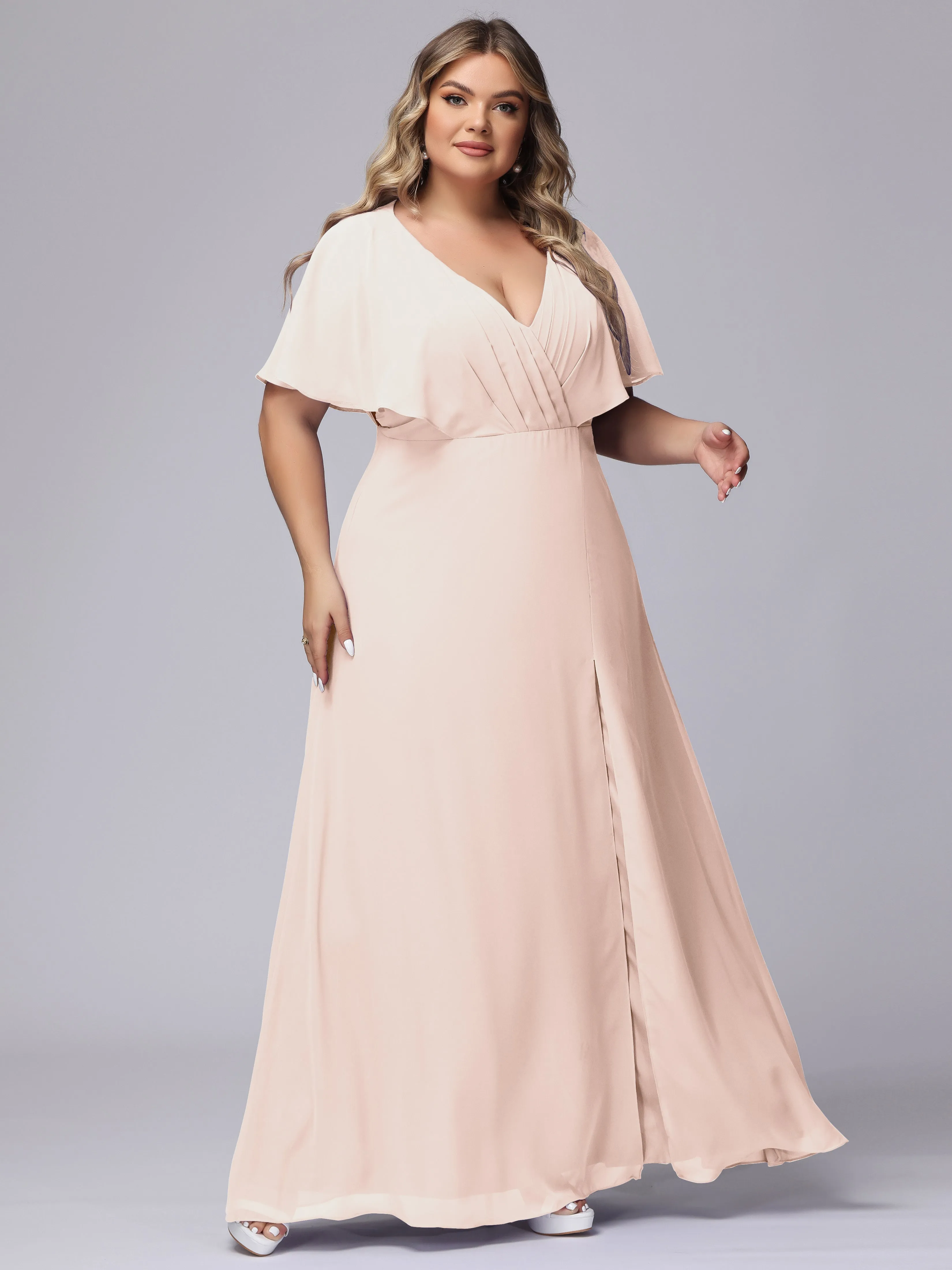 V-Neck Chiffon Short Sleeves Plus Size  Bridesmaid Dresses