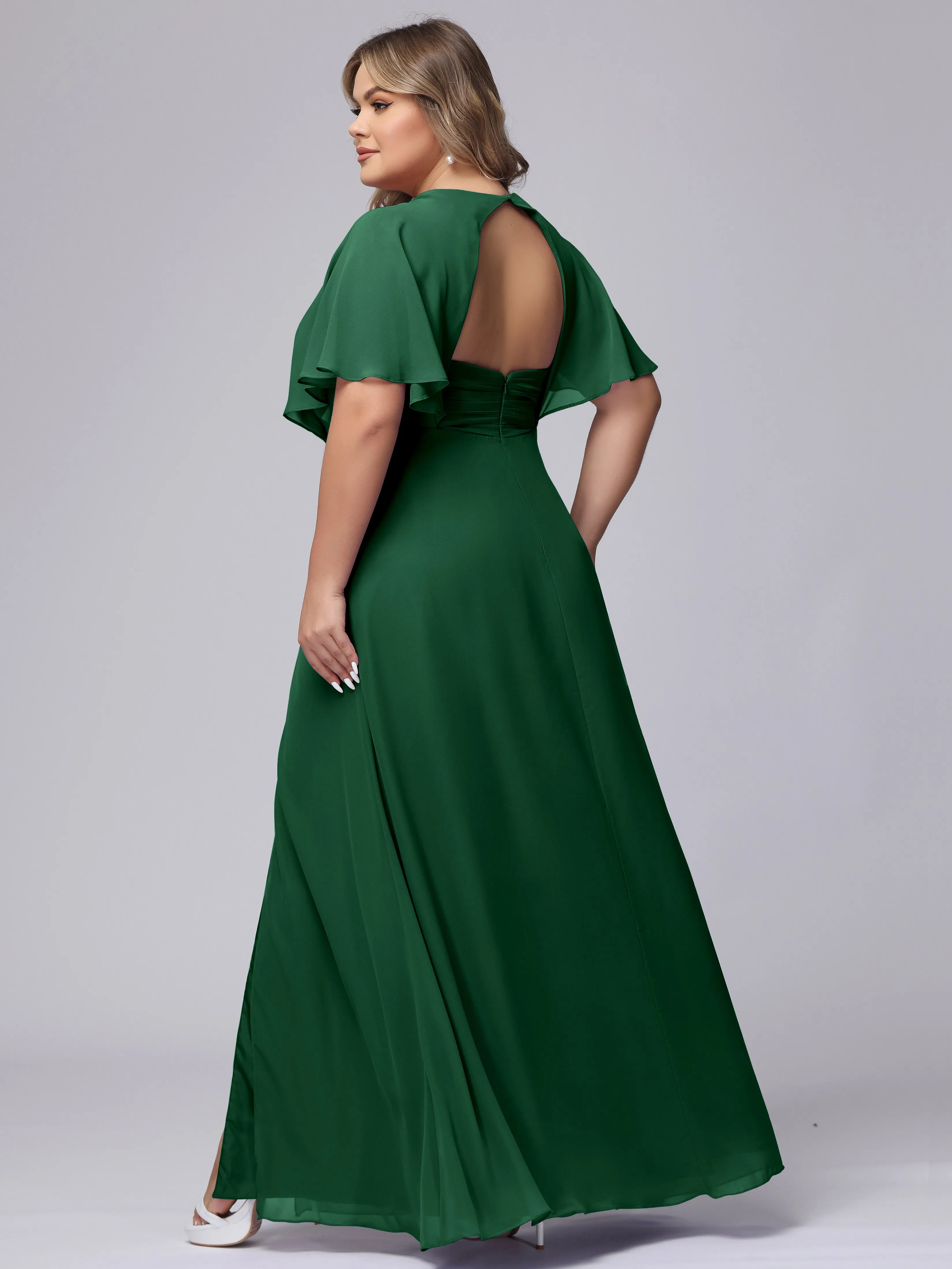 V-Neck Chiffon Short Sleeves Plus Size  Bridesmaid Dresses