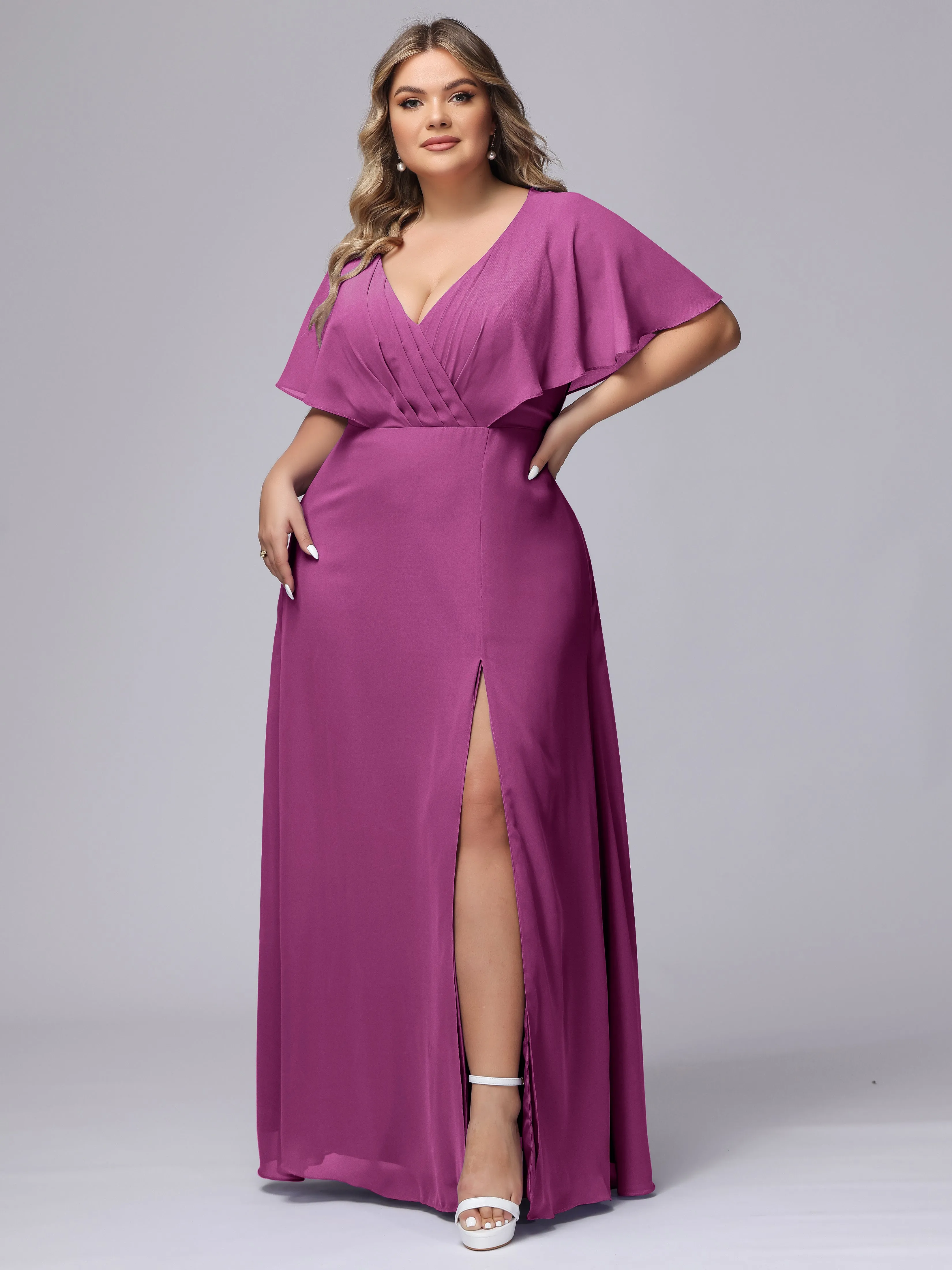 V-Neck Chiffon Short Sleeves Plus Size  Bridesmaid Dresses