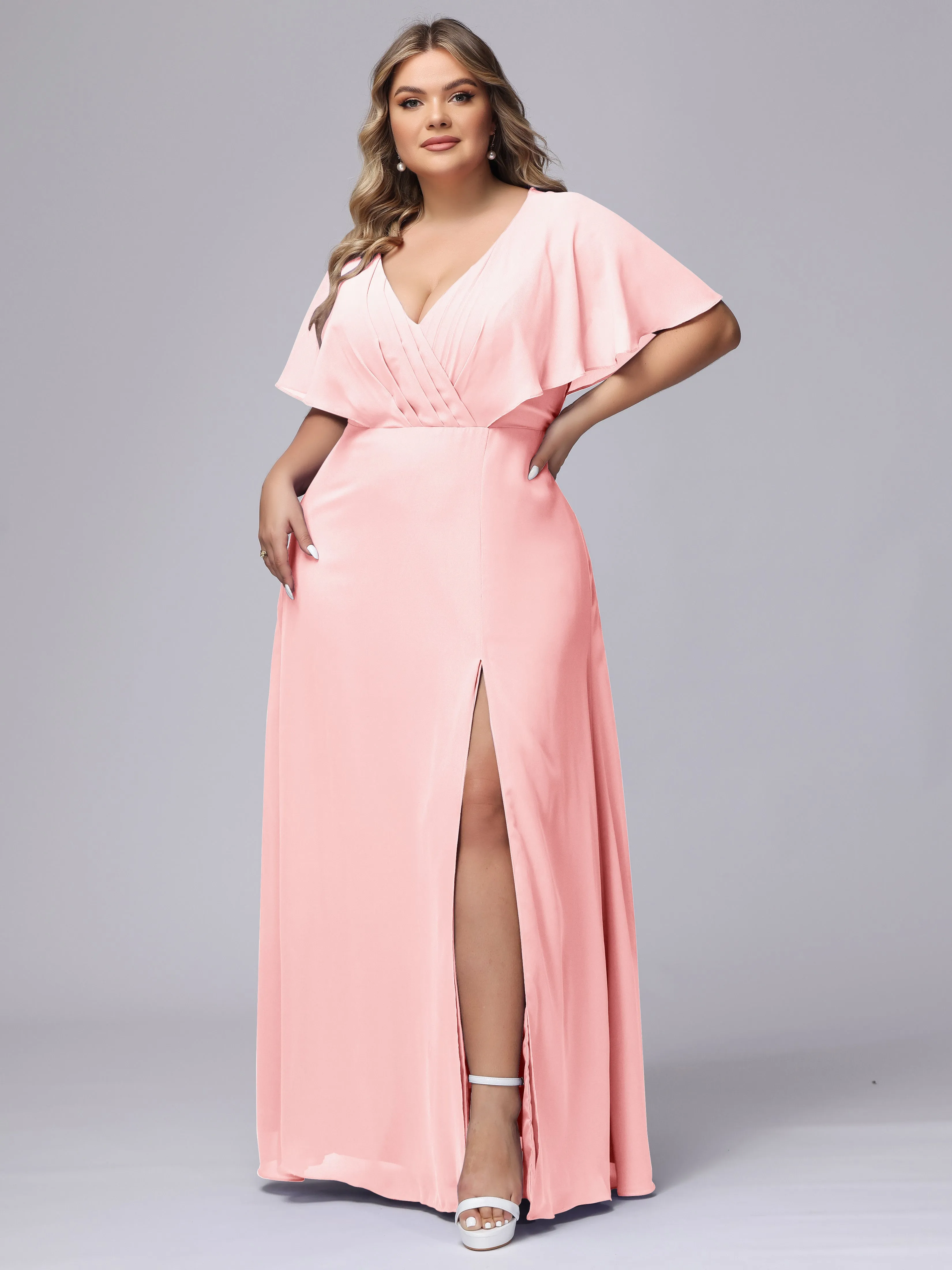 V-Neck Chiffon Short Sleeves Plus Size  Bridesmaid Dresses