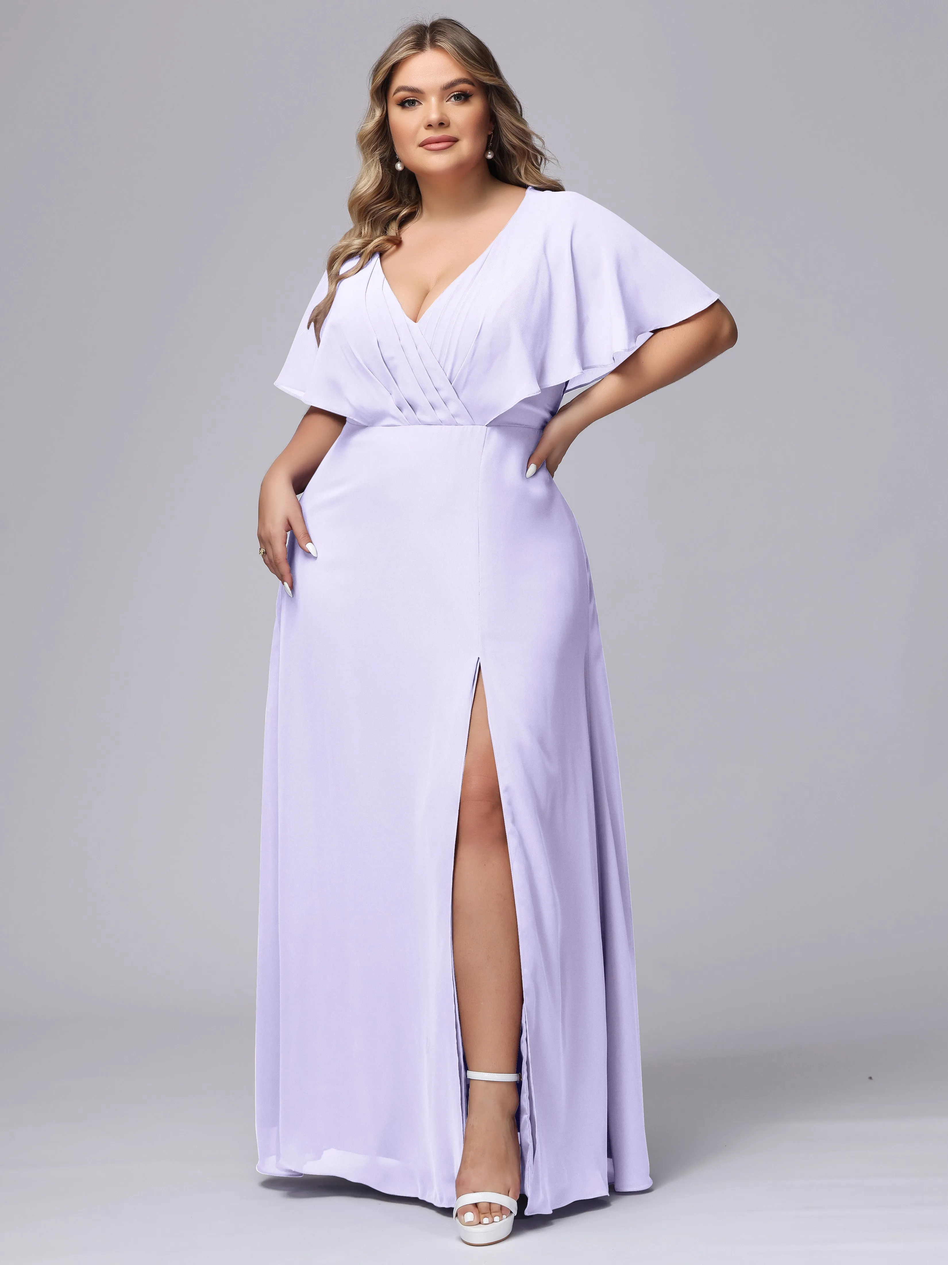 V-Neck Chiffon Short Sleeves Plus Size  Bridesmaid Dresses