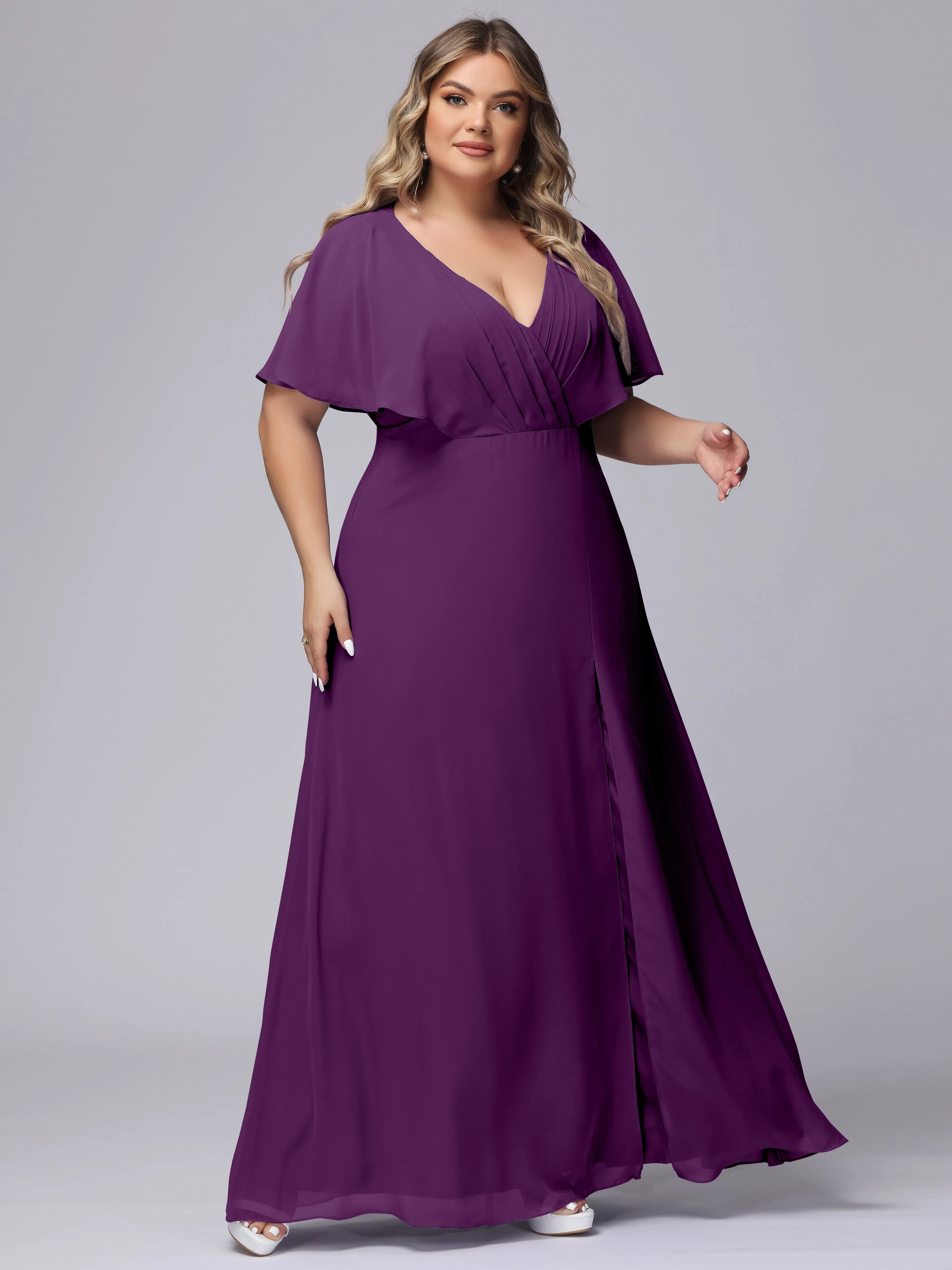 V-Neck Chiffon Short Sleeves Plus Size  Bridesmaid Dresses