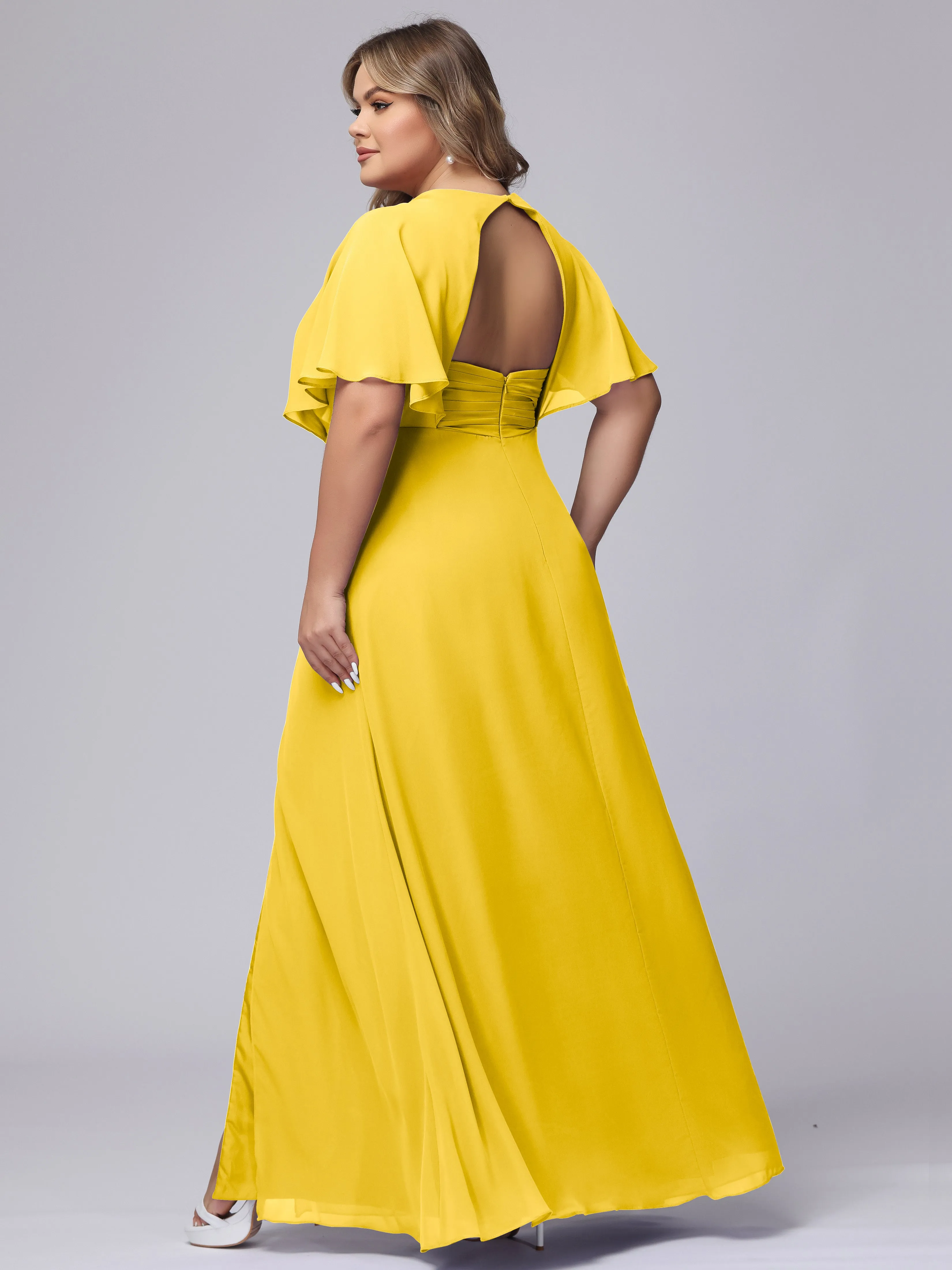 V-Neck Chiffon Short Sleeves Plus Size  Bridesmaid Dresses