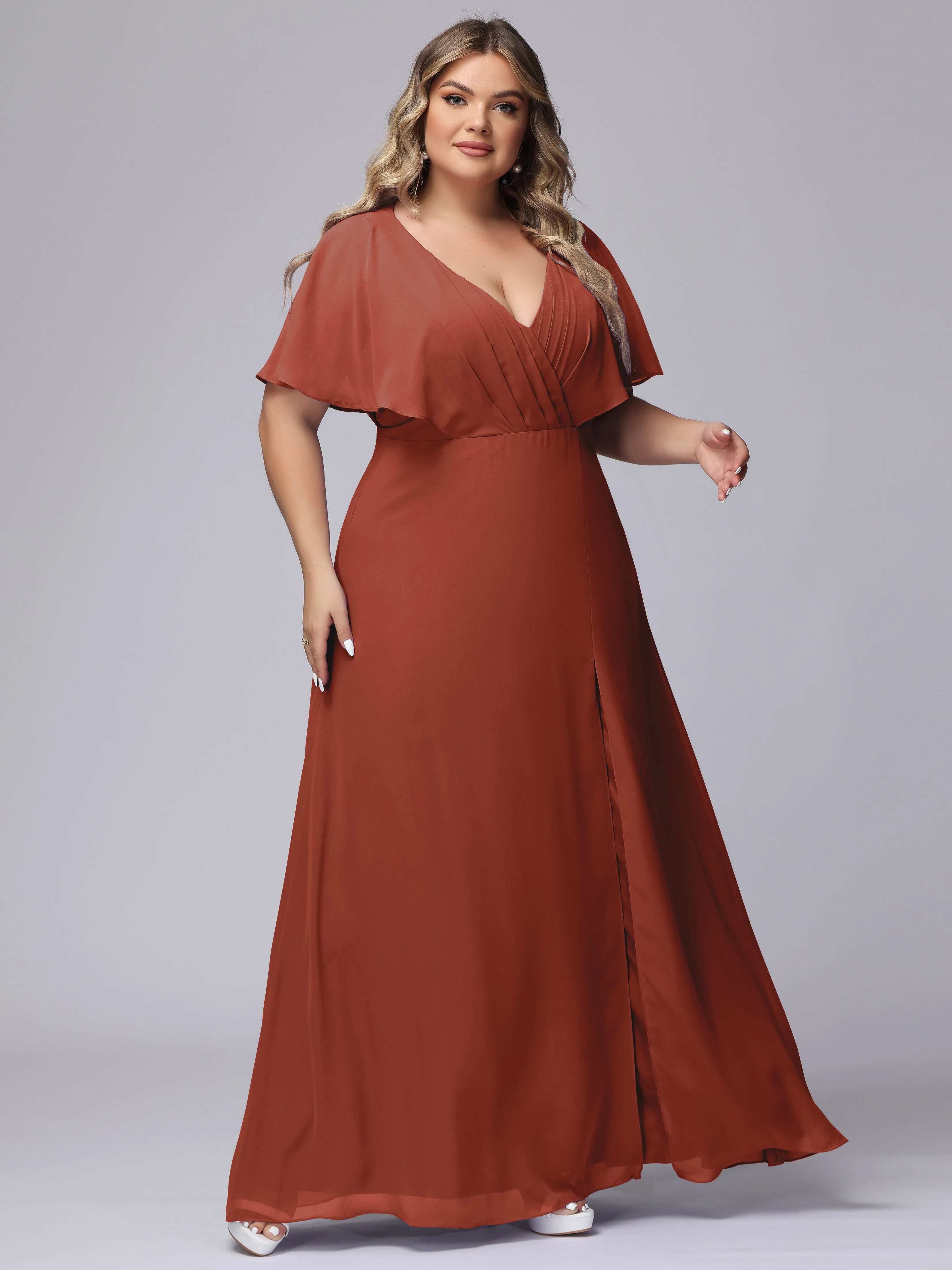 V-Neck Chiffon Short Sleeves Plus Size  Bridesmaid Dresses