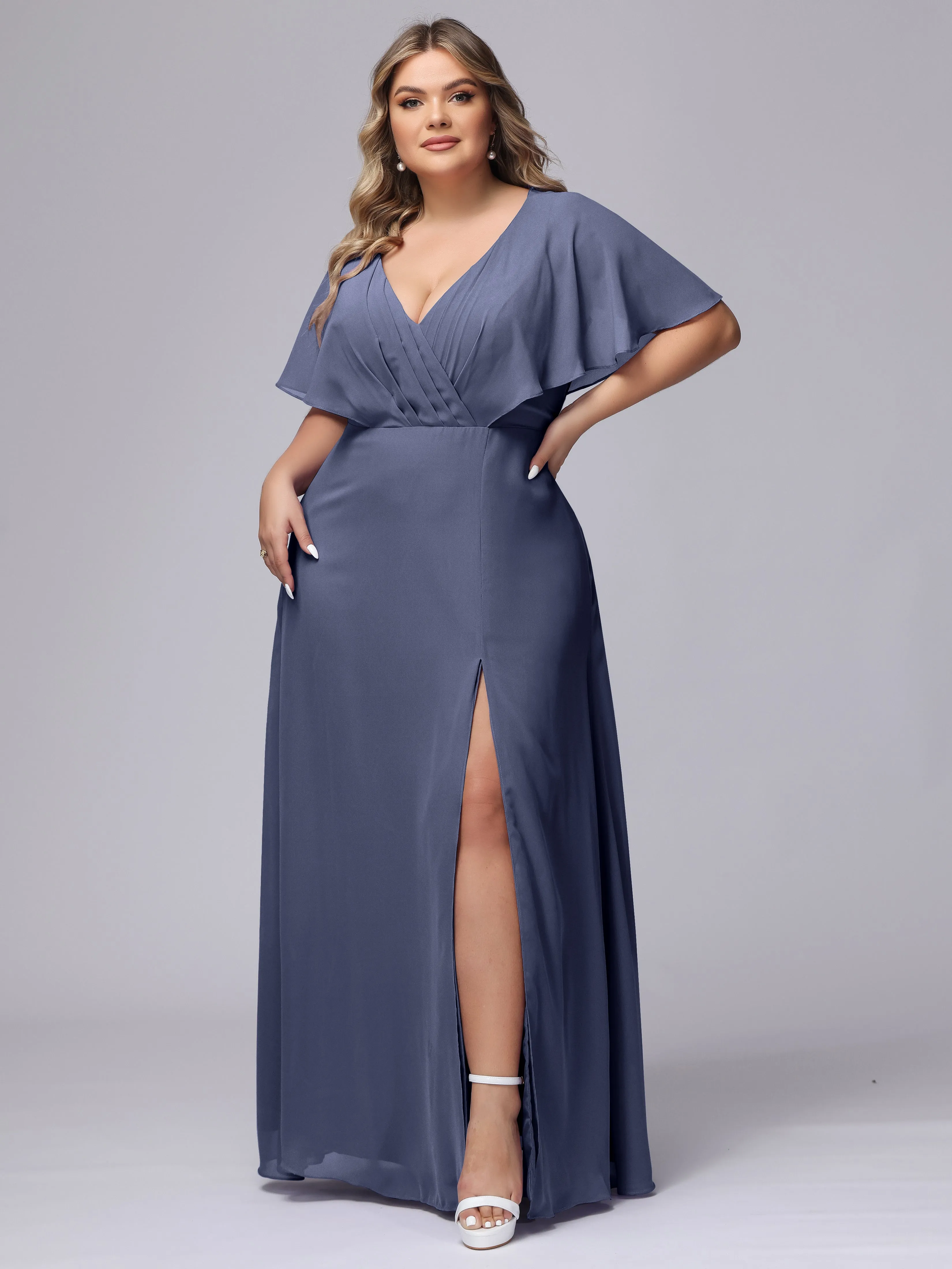 V-Neck Chiffon Short Sleeves Plus Size  Bridesmaid Dresses