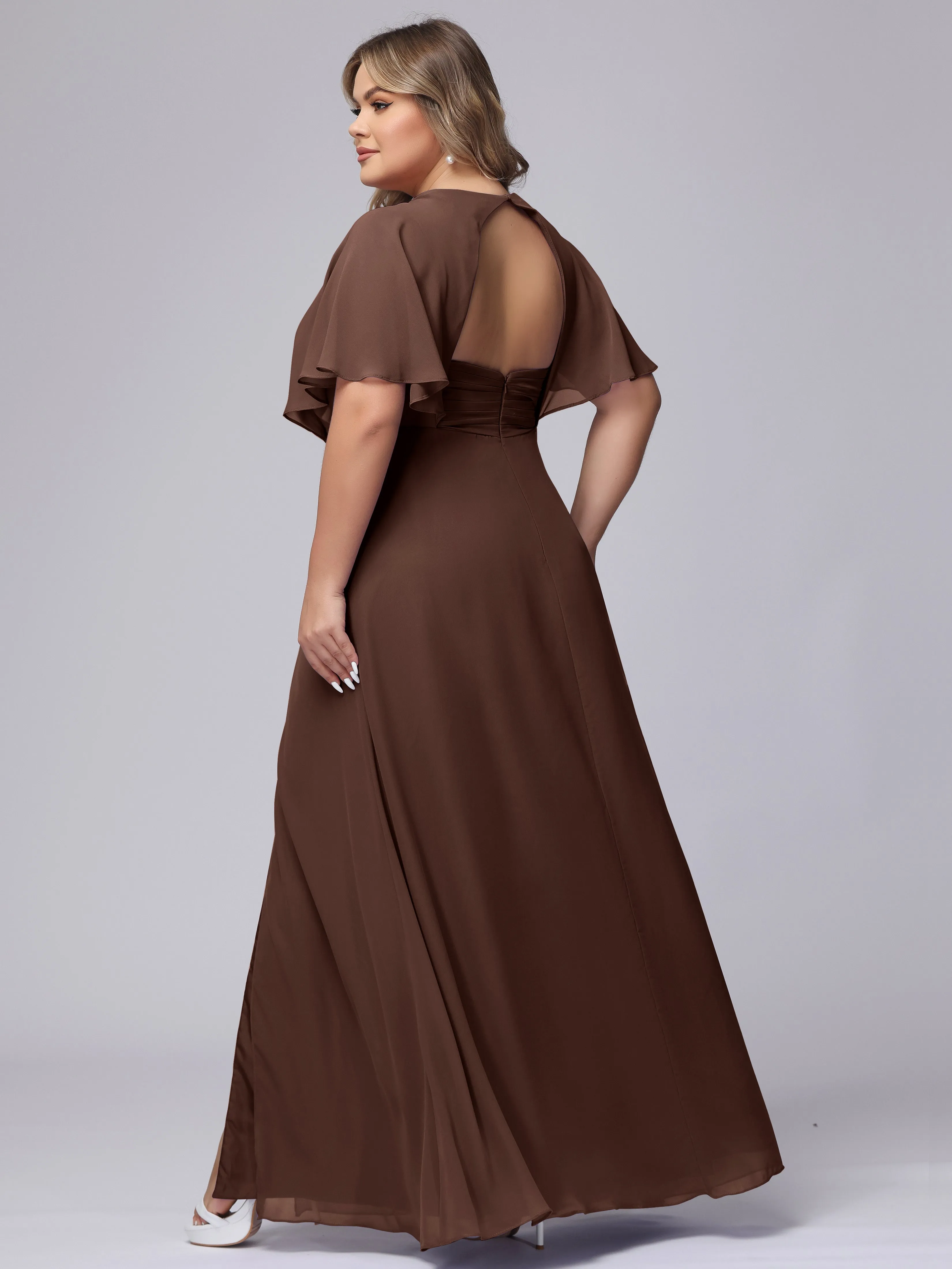 V-Neck Chiffon Short Sleeves Plus Size  Bridesmaid Dresses