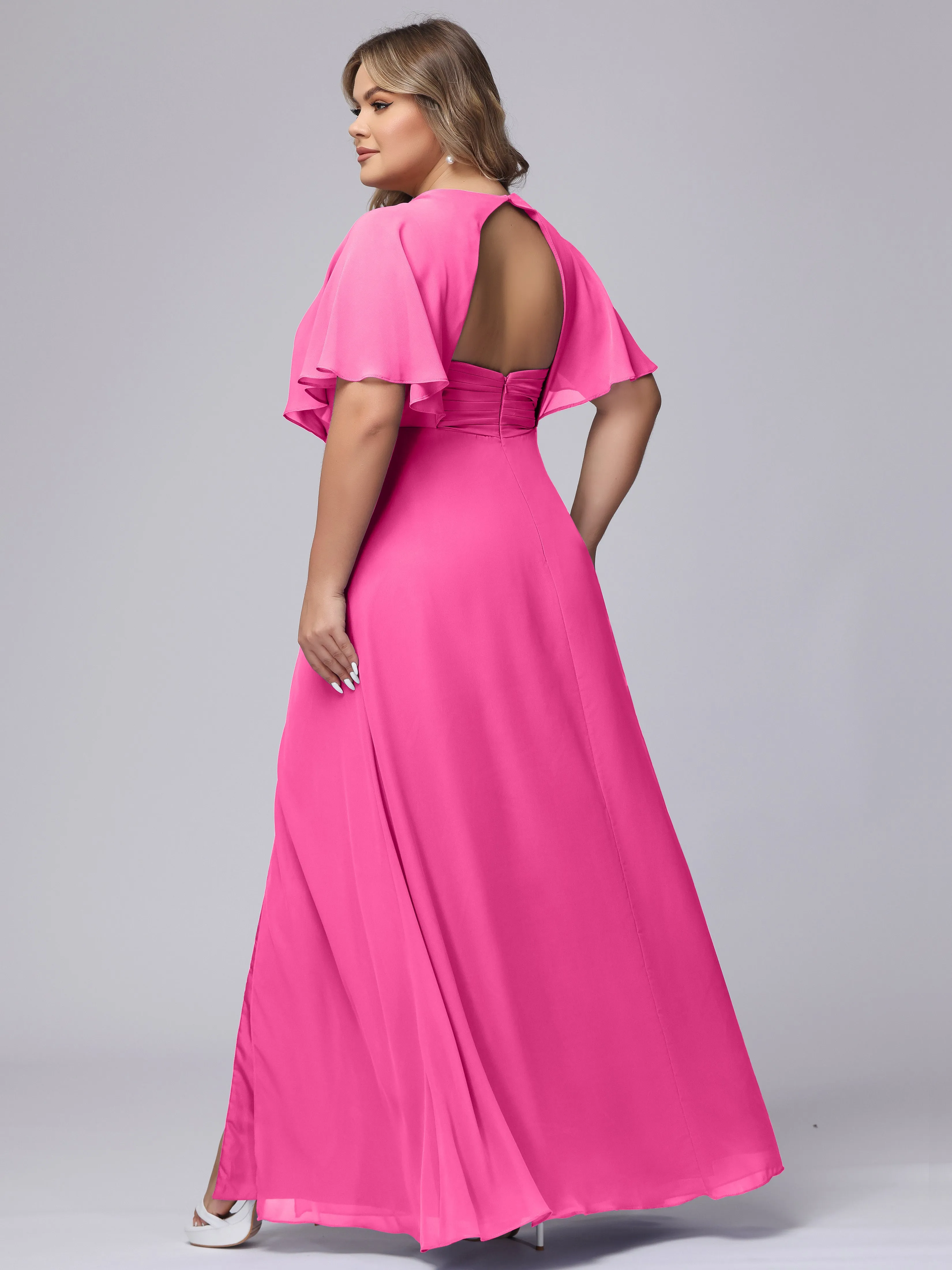 V-Neck Chiffon Short Sleeves Plus Size  Bridesmaid Dresses