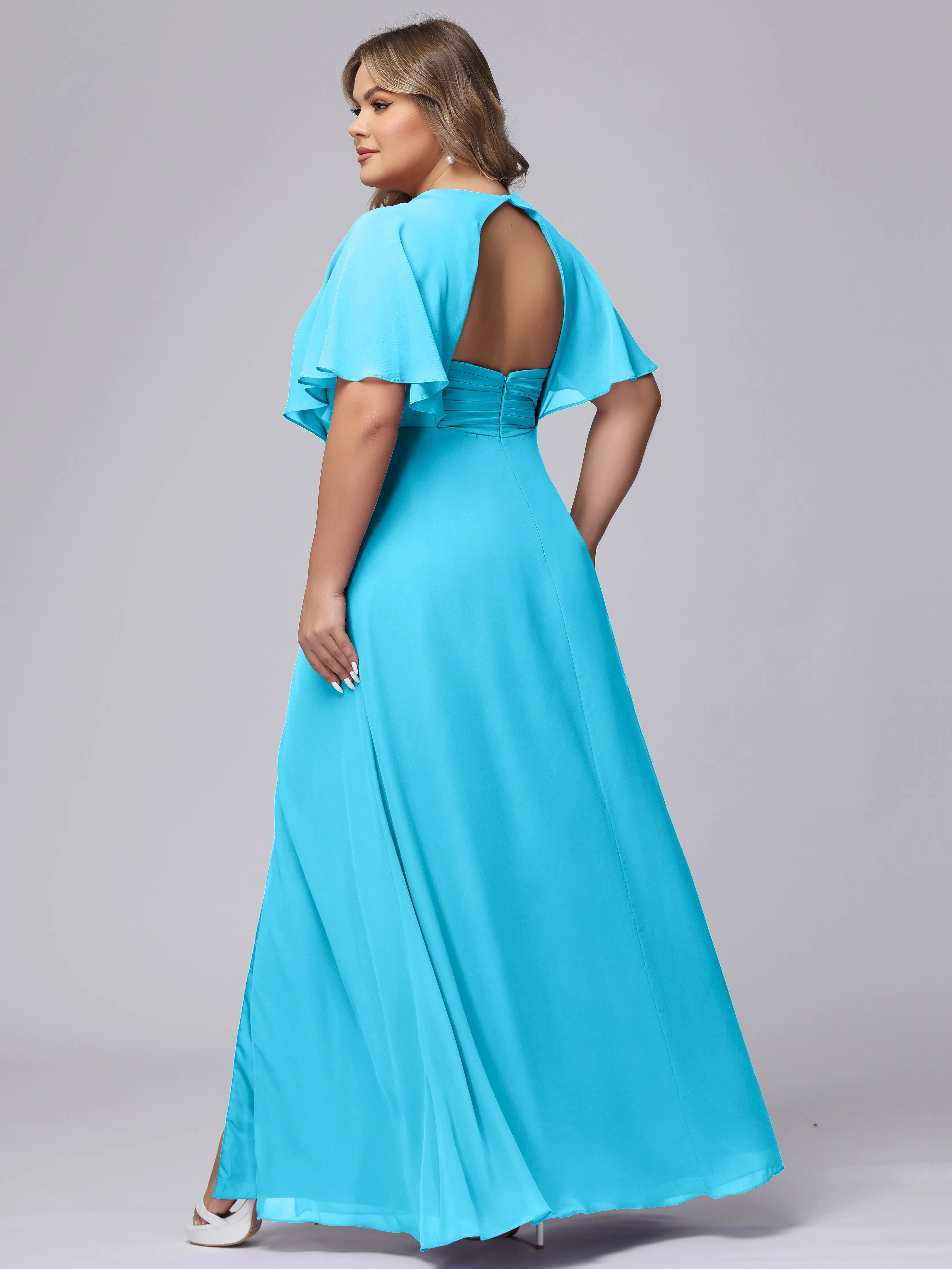 V-Neck Chiffon Short Sleeves Plus Size  Bridesmaid Dresses