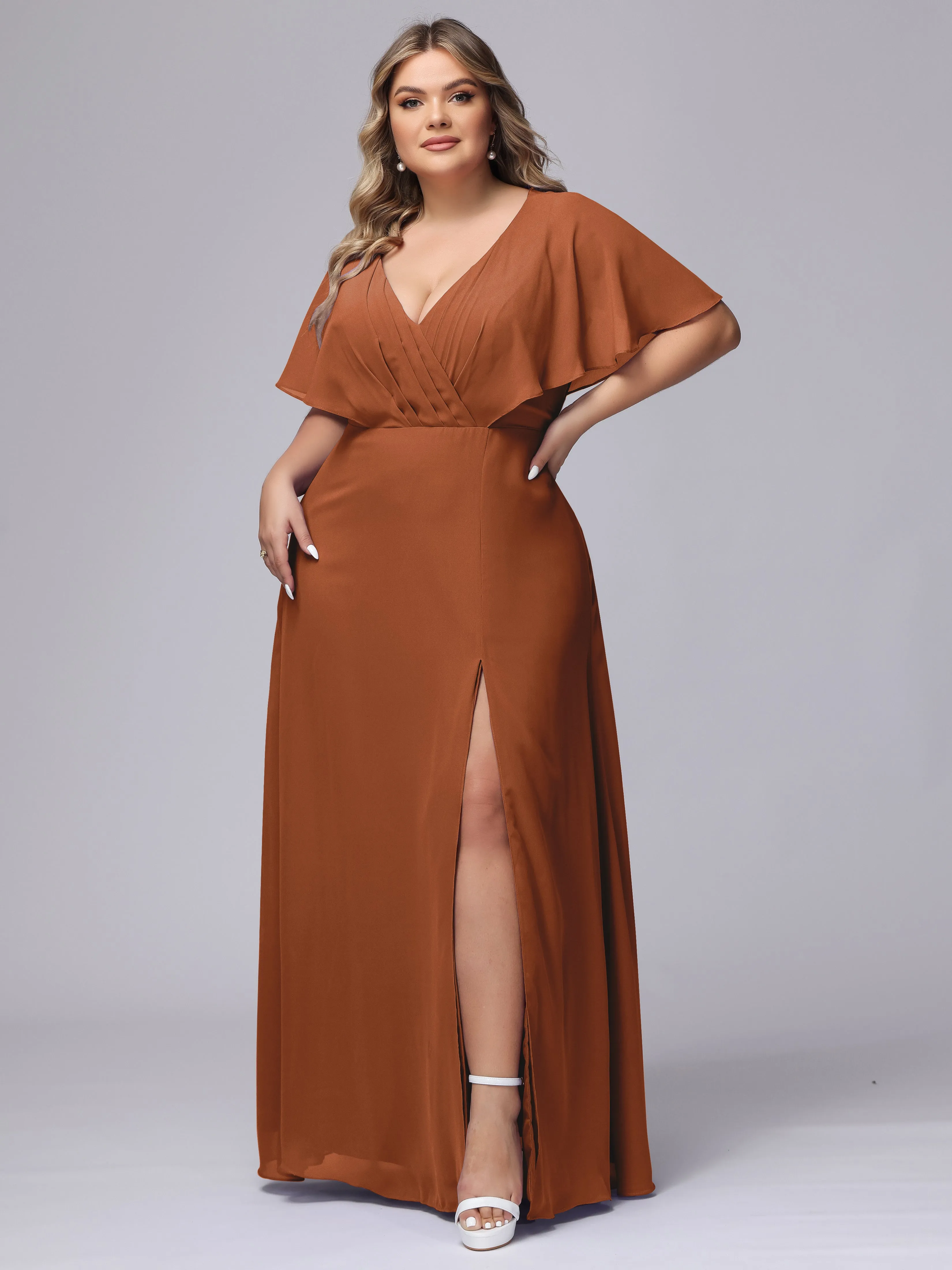 V-Neck Chiffon Short Sleeves Plus Size  Bridesmaid Dresses