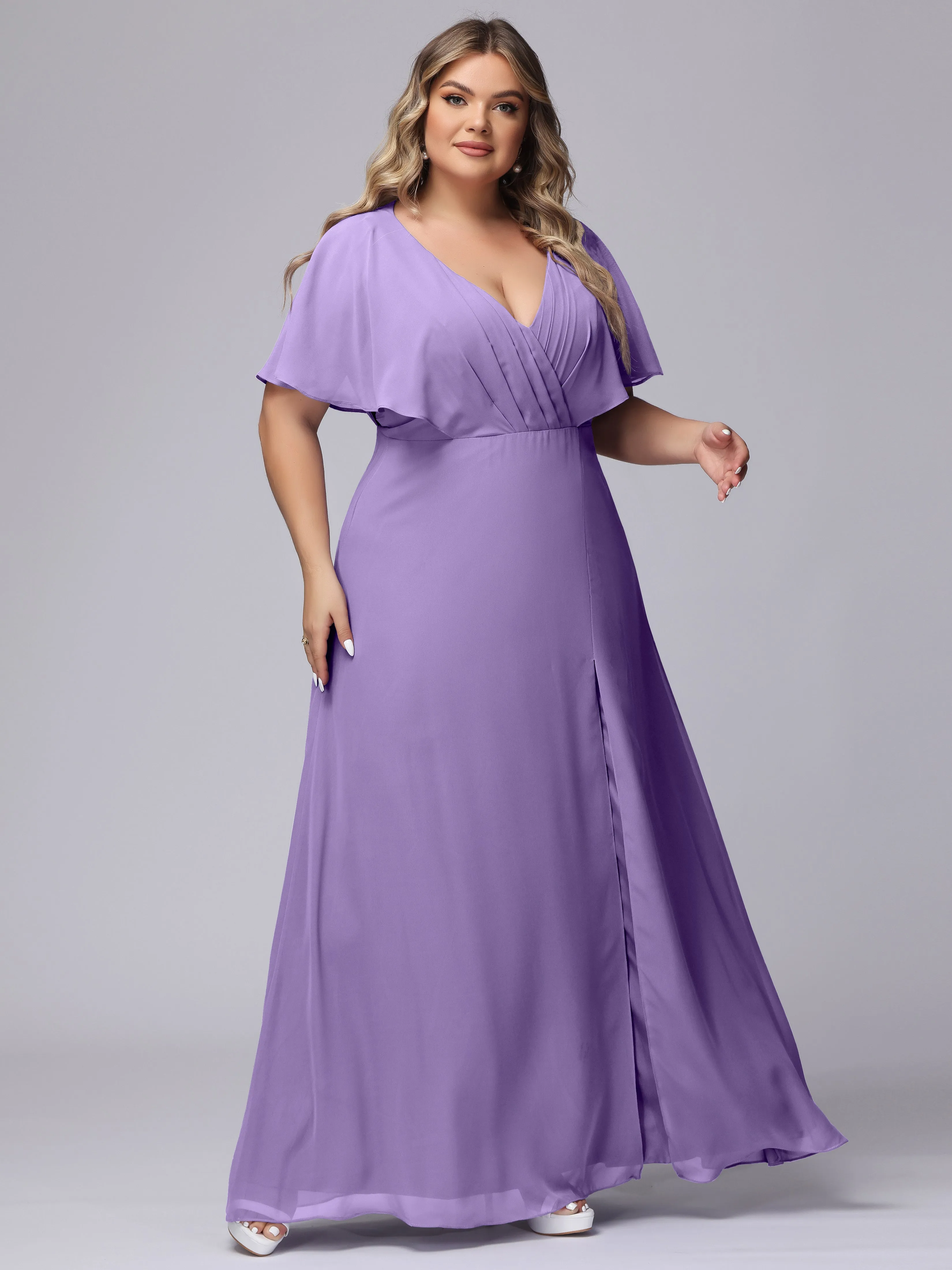 V-Neck Chiffon Short Sleeves Plus Size  Bridesmaid Dresses
