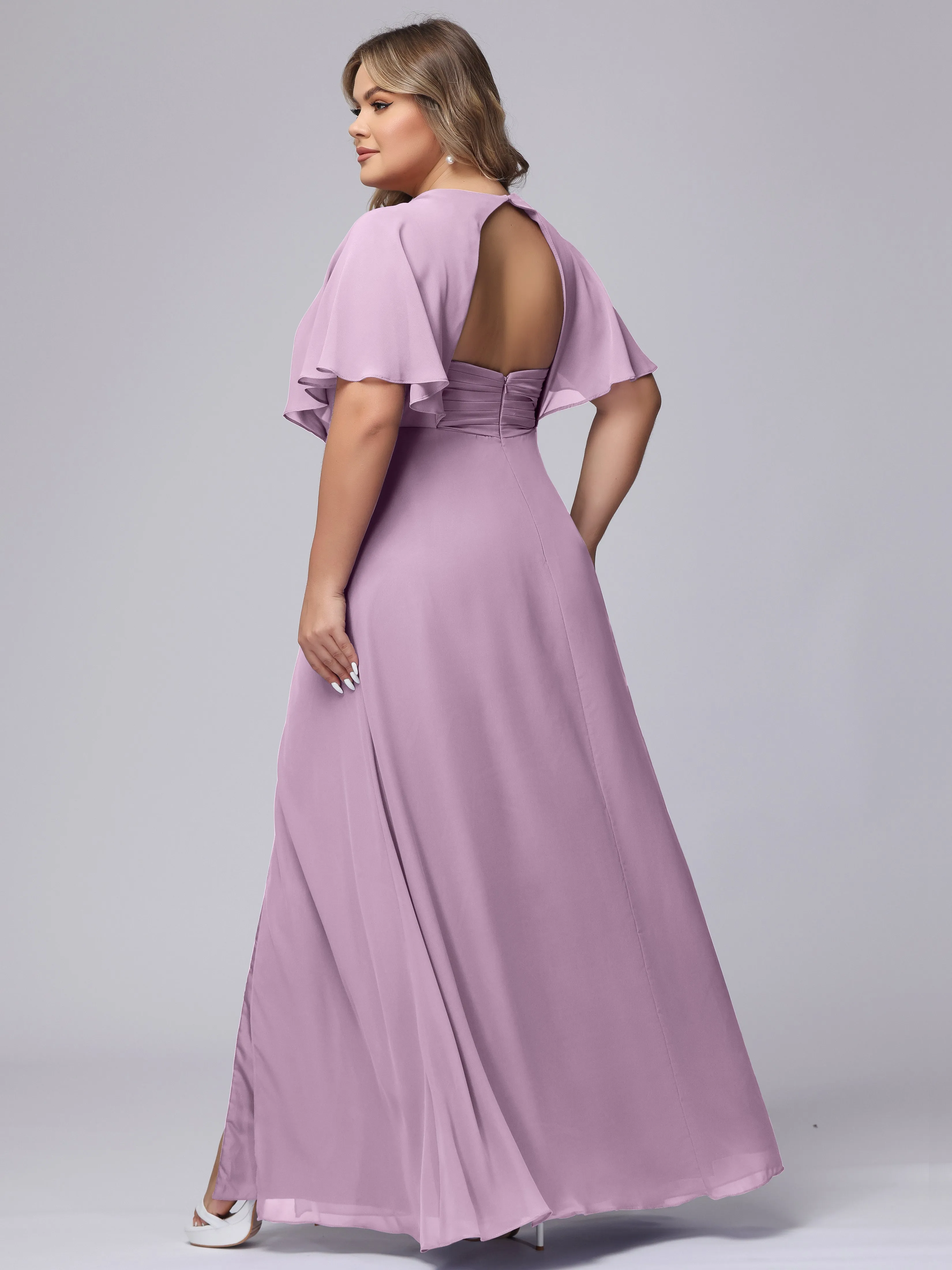 V-Neck Chiffon Short Sleeves Plus Size  Bridesmaid Dresses