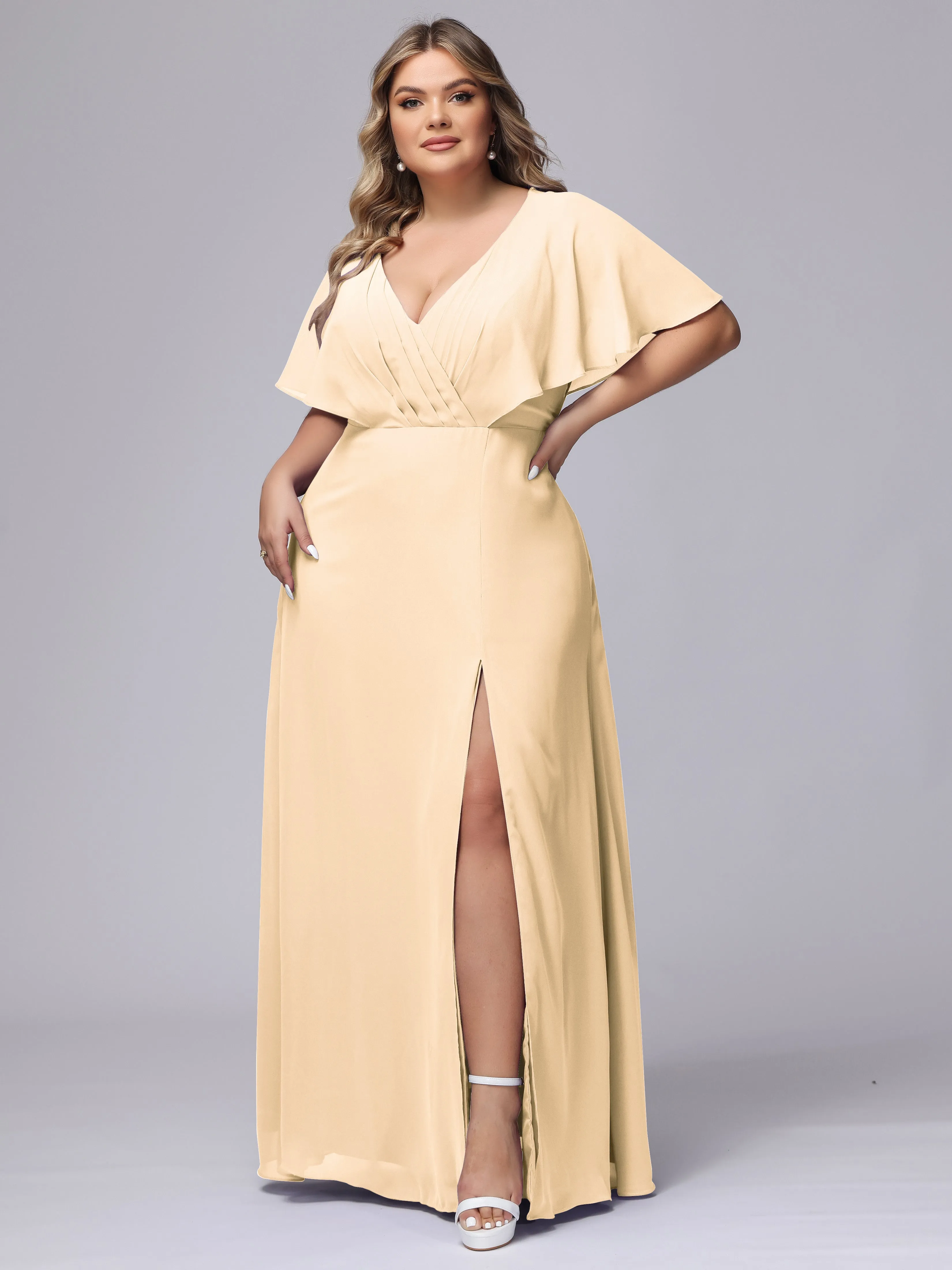 V-Neck Chiffon Short Sleeves Plus Size  Bridesmaid Dresses