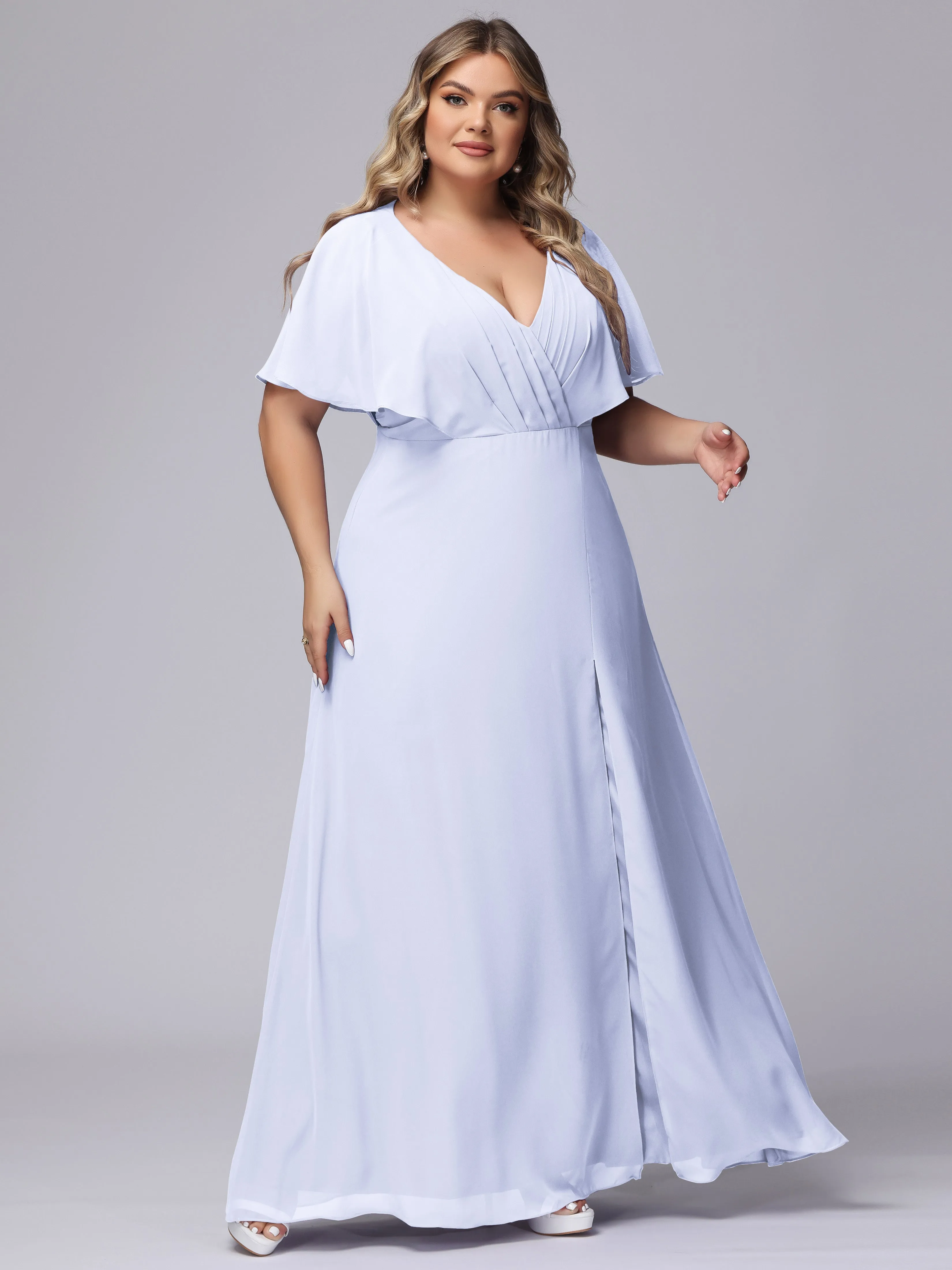 V-Neck Chiffon Short Sleeves Plus Size  Bridesmaid Dresses