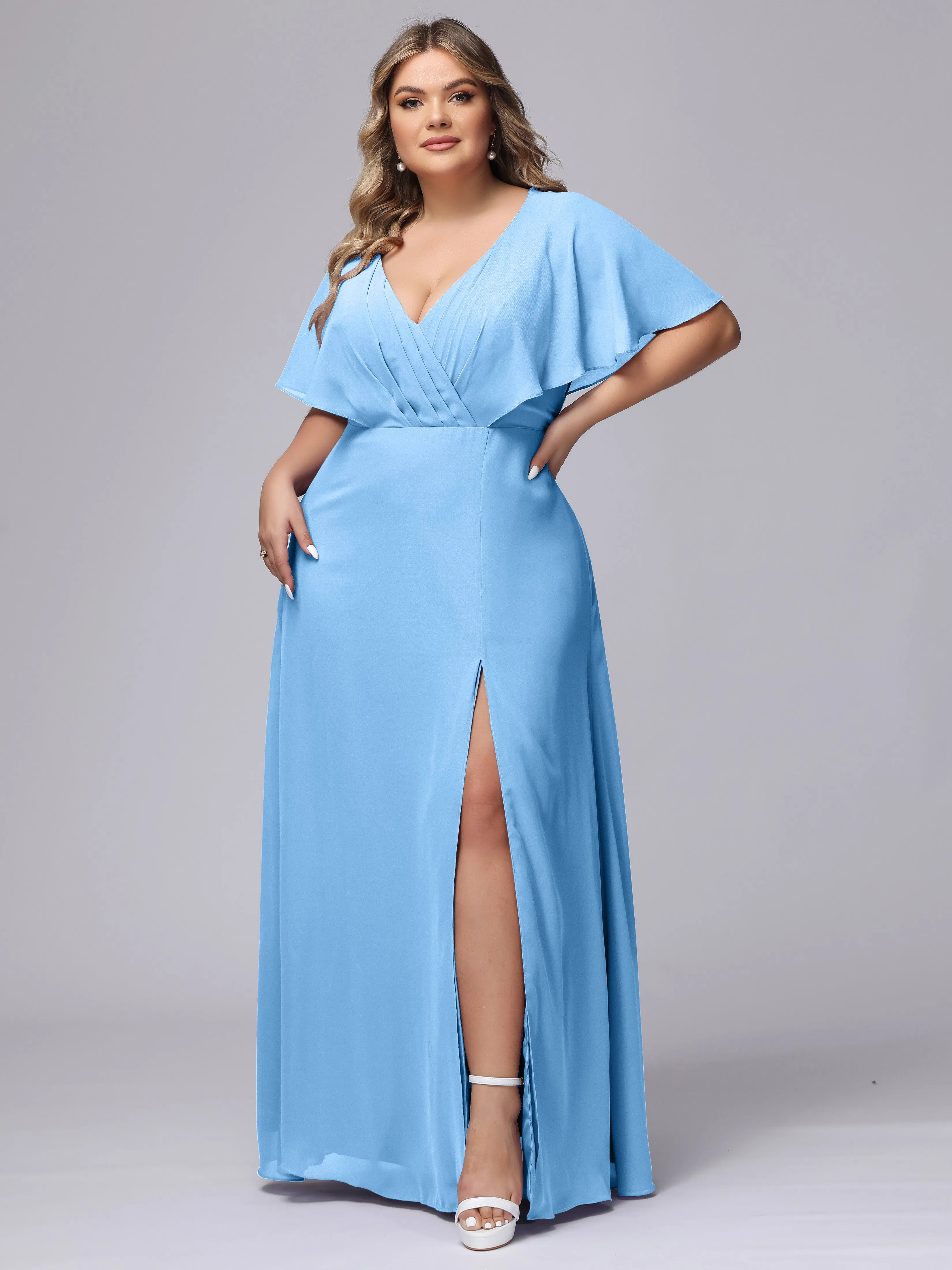 V-Neck Chiffon Short Sleeves Plus Size  Bridesmaid Dresses