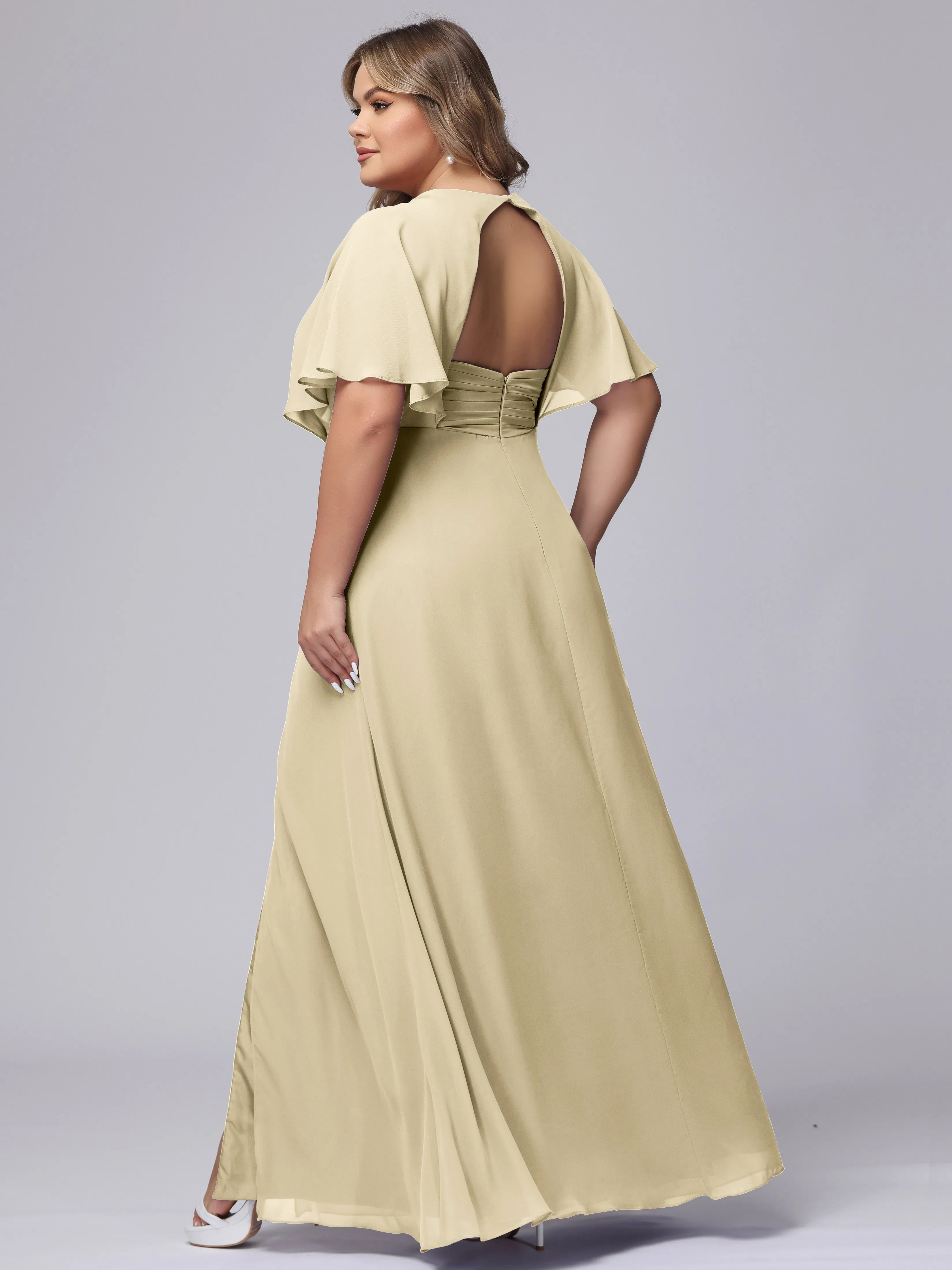 V-Neck Chiffon Short Sleeves Plus Size  Bridesmaid Dresses