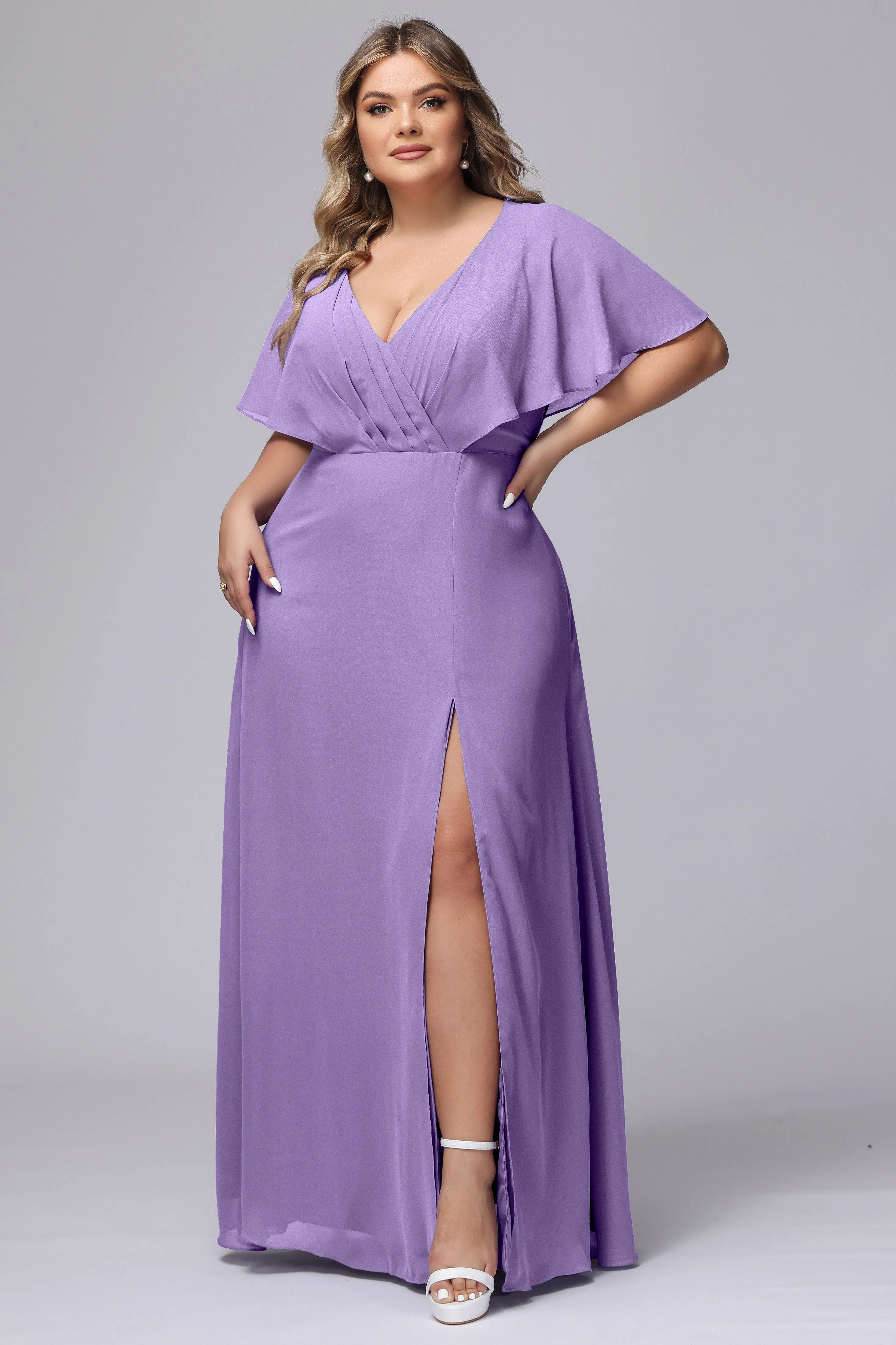 V-Neck Chiffon Short Sleeves Plus Size  Bridesmaid Dresses