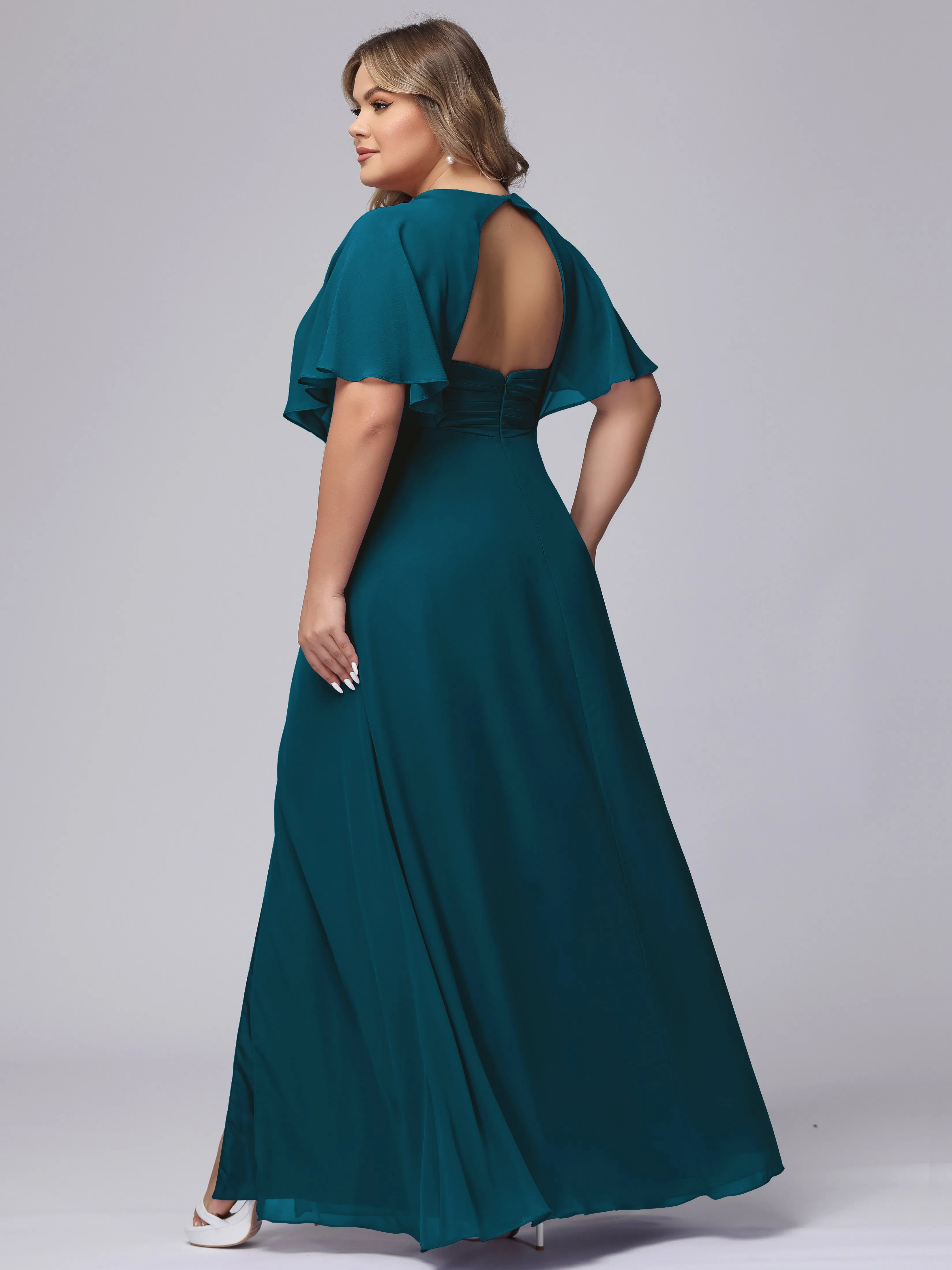 V-Neck Chiffon Short Sleeves Plus Size  Bridesmaid Dresses