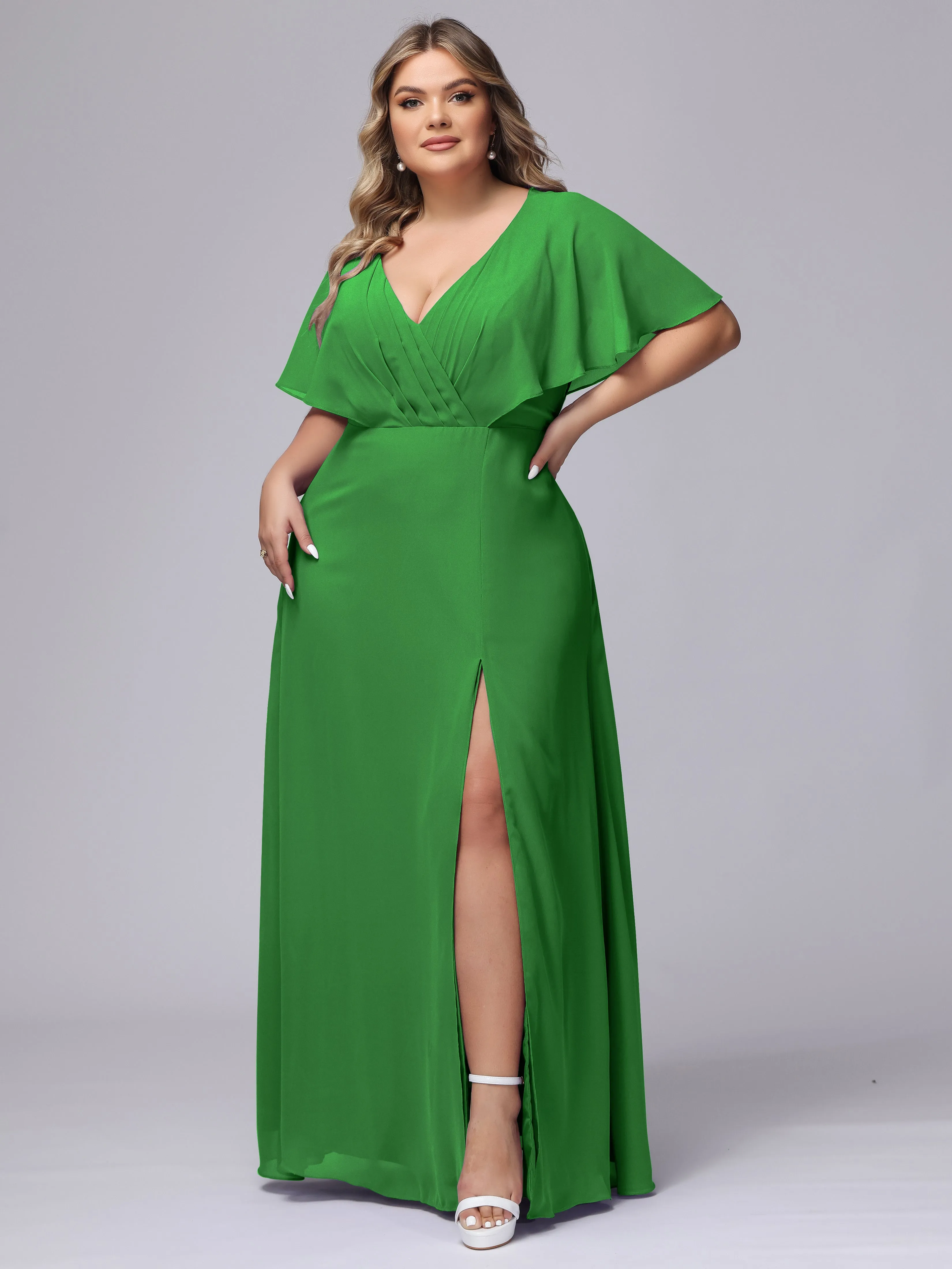 V-Neck Chiffon Short Sleeves Plus Size  Bridesmaid Dresses